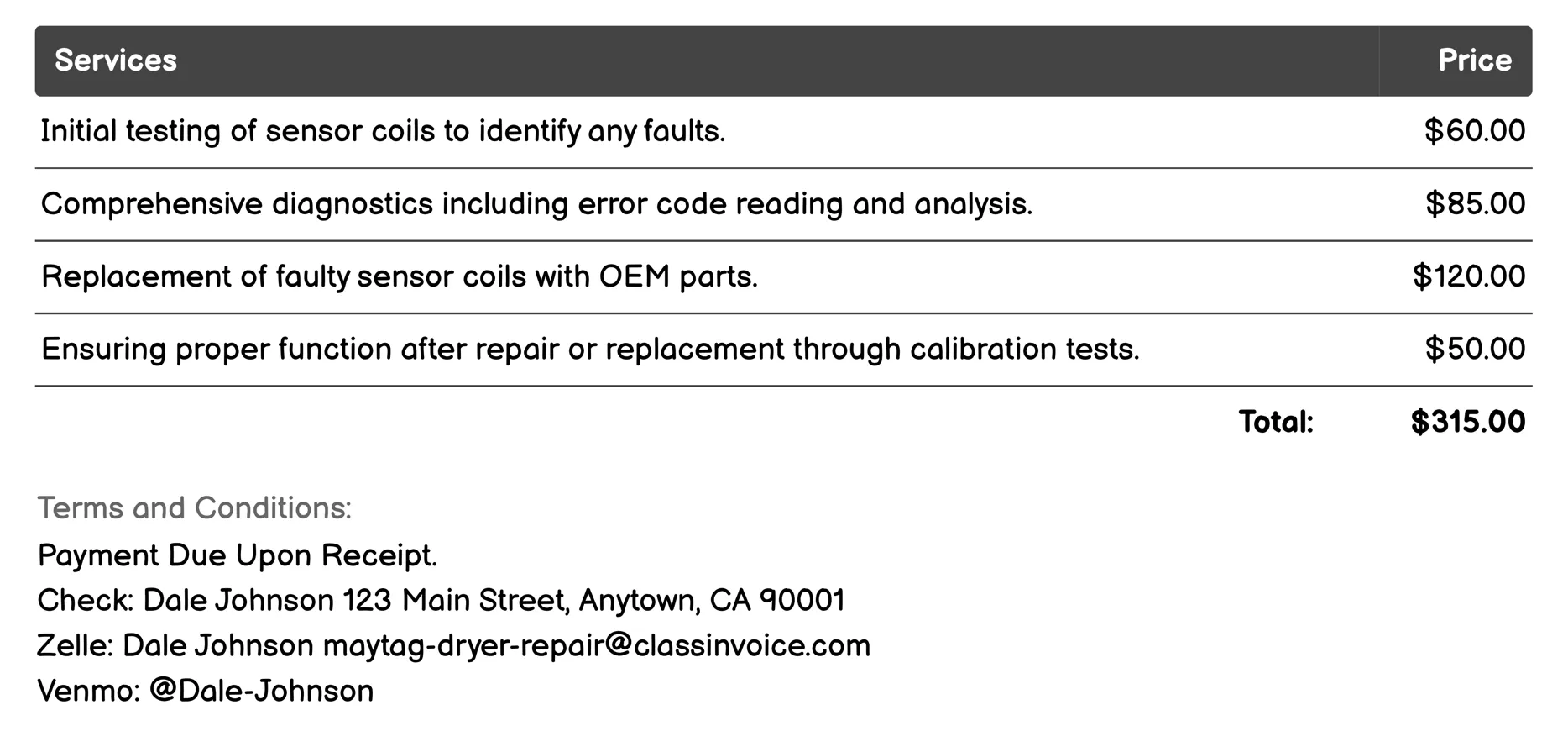 Sensor Coil Testing Invoice Example