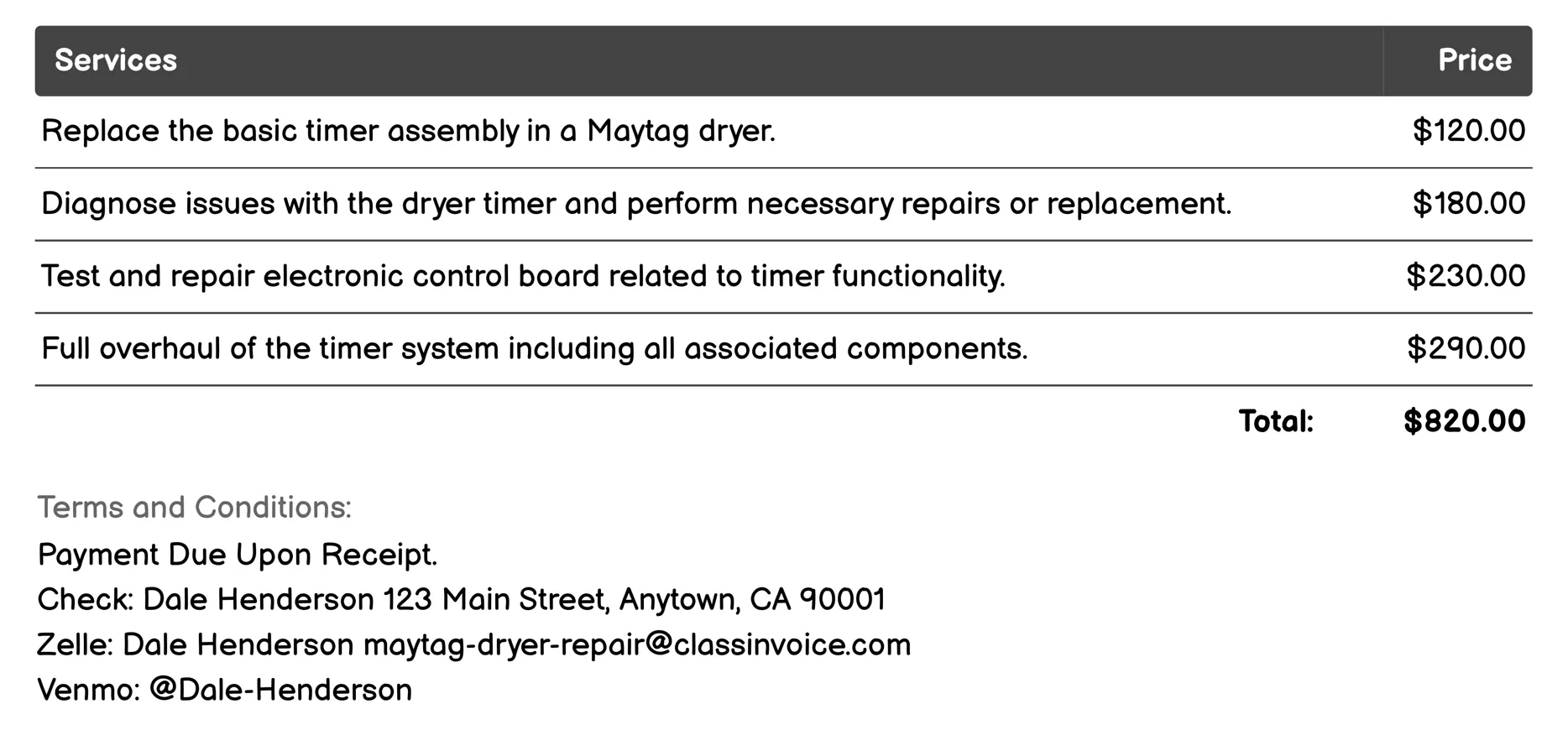 Timer Repair Invoice Example