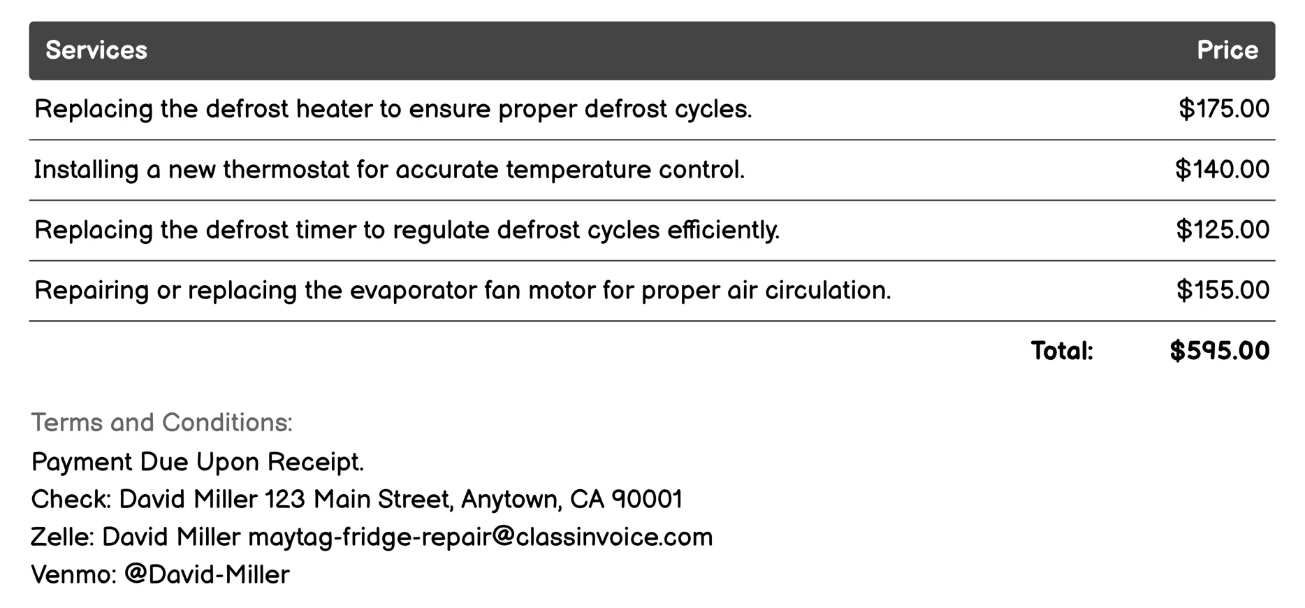 Defrost System Repair Invoice Example