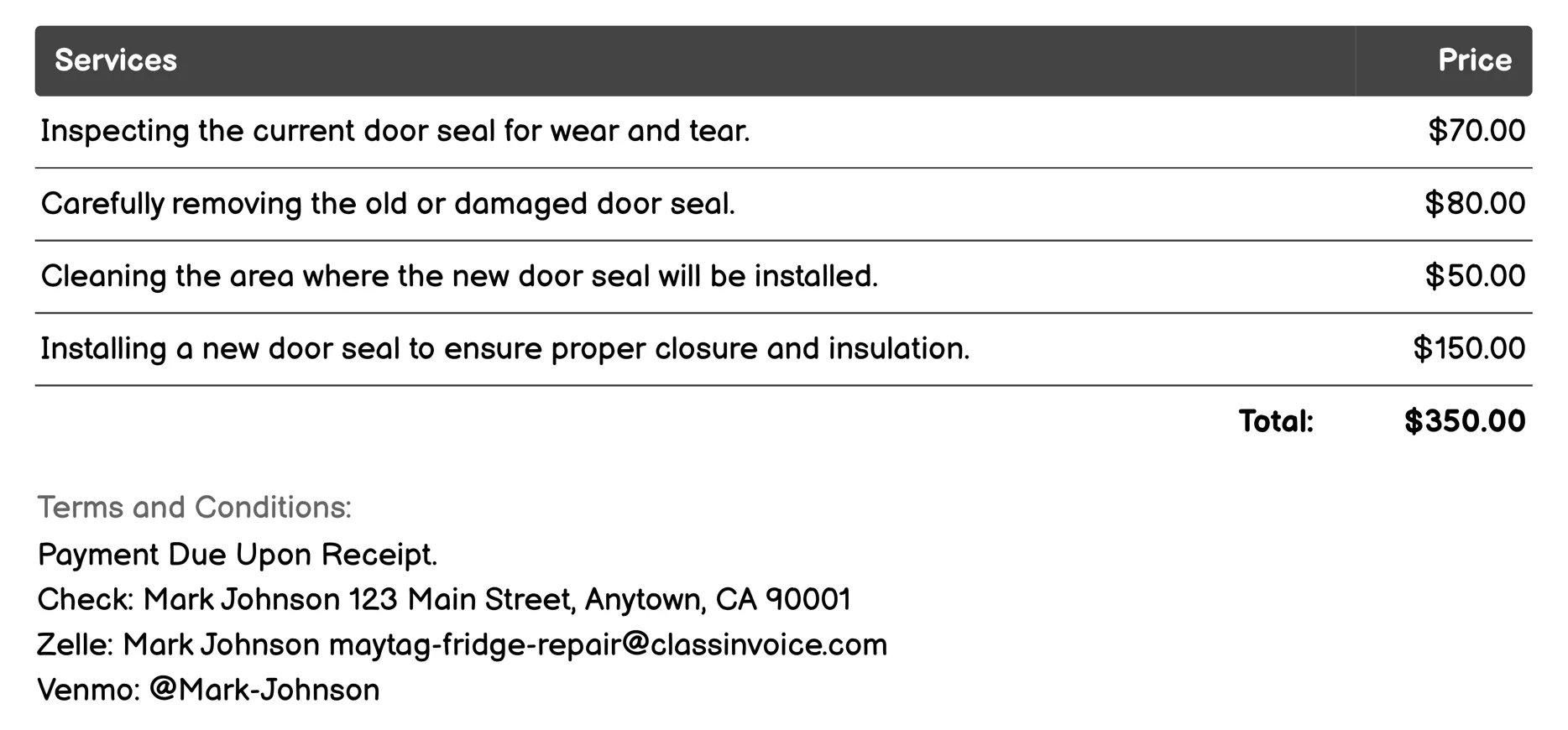 Door Seal Replacement Invoice Example