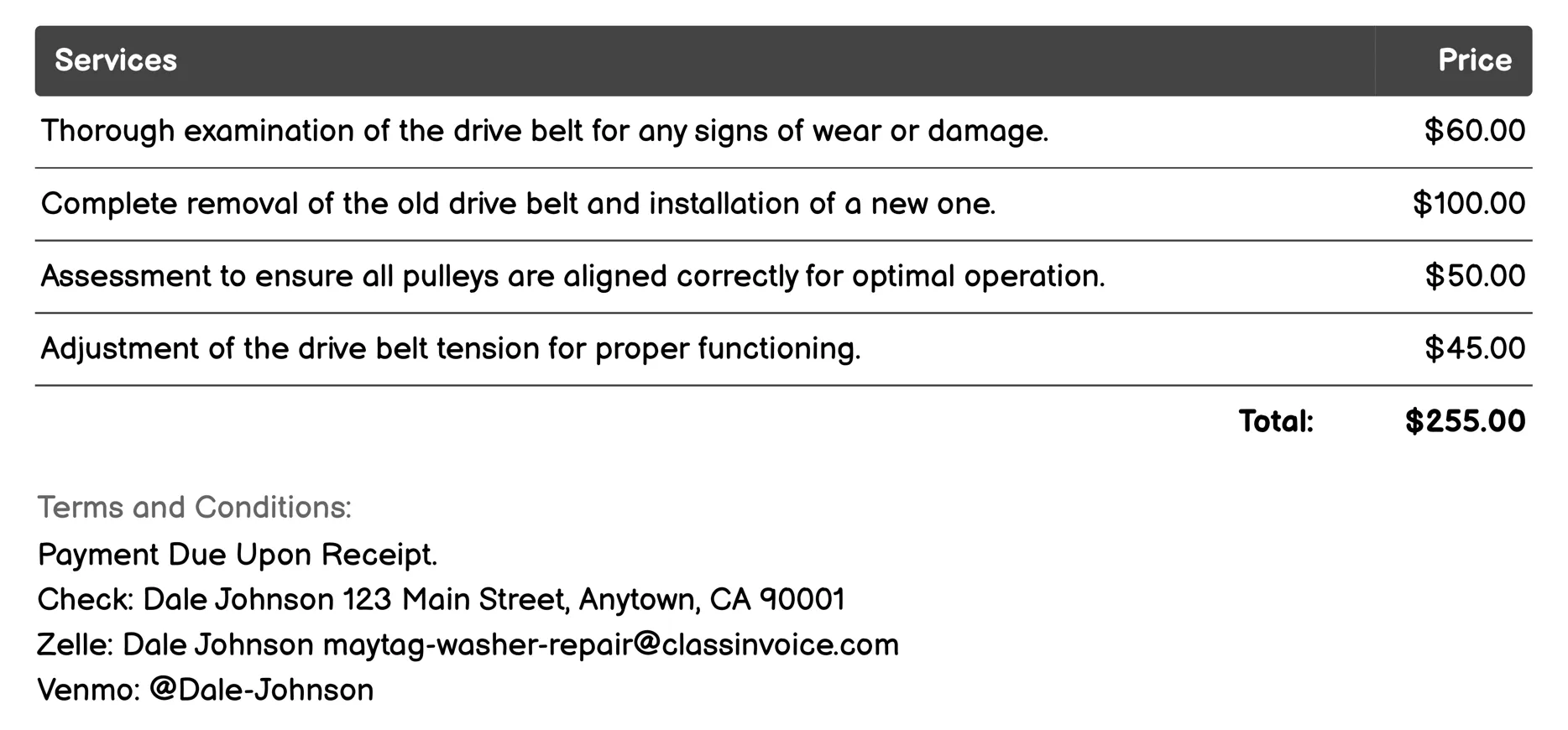 Drive Belt Replacement Invoice Example