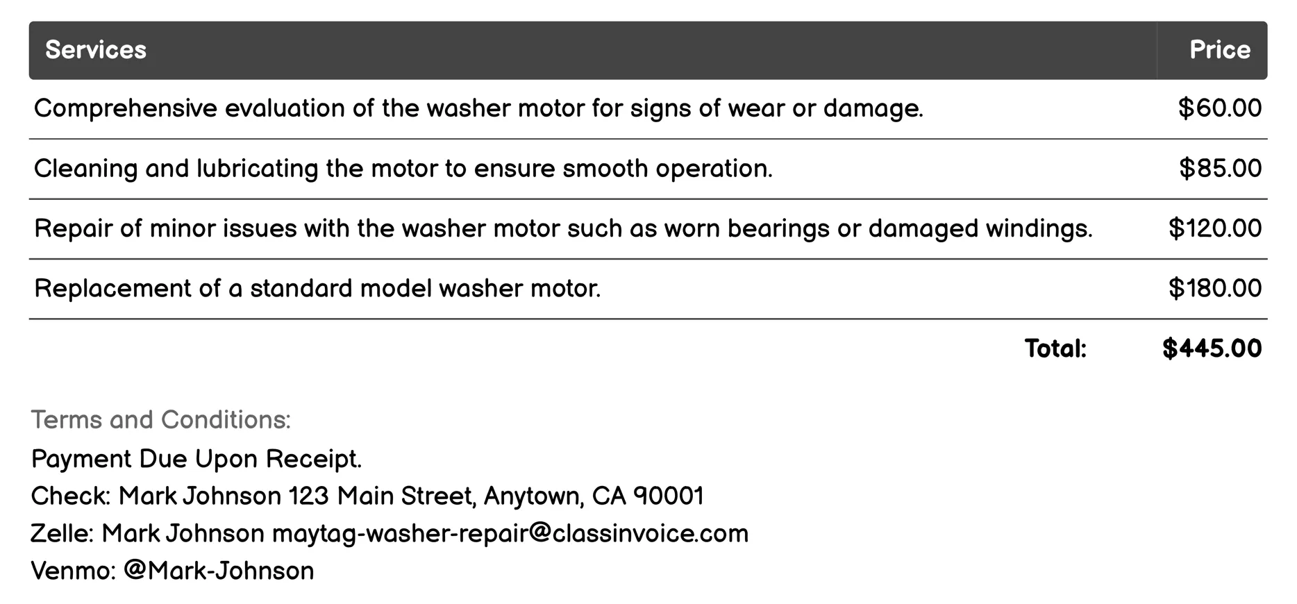 Motor Repair and Replacement Invoice Example