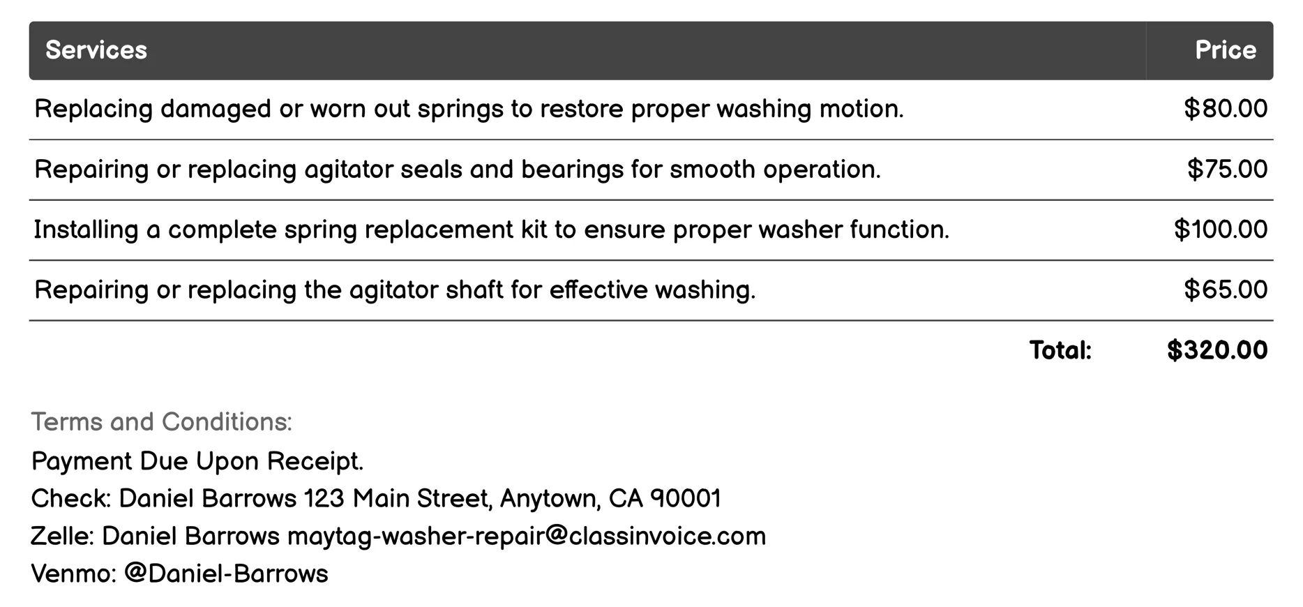 Springs and Agitator Repair Invoice Example