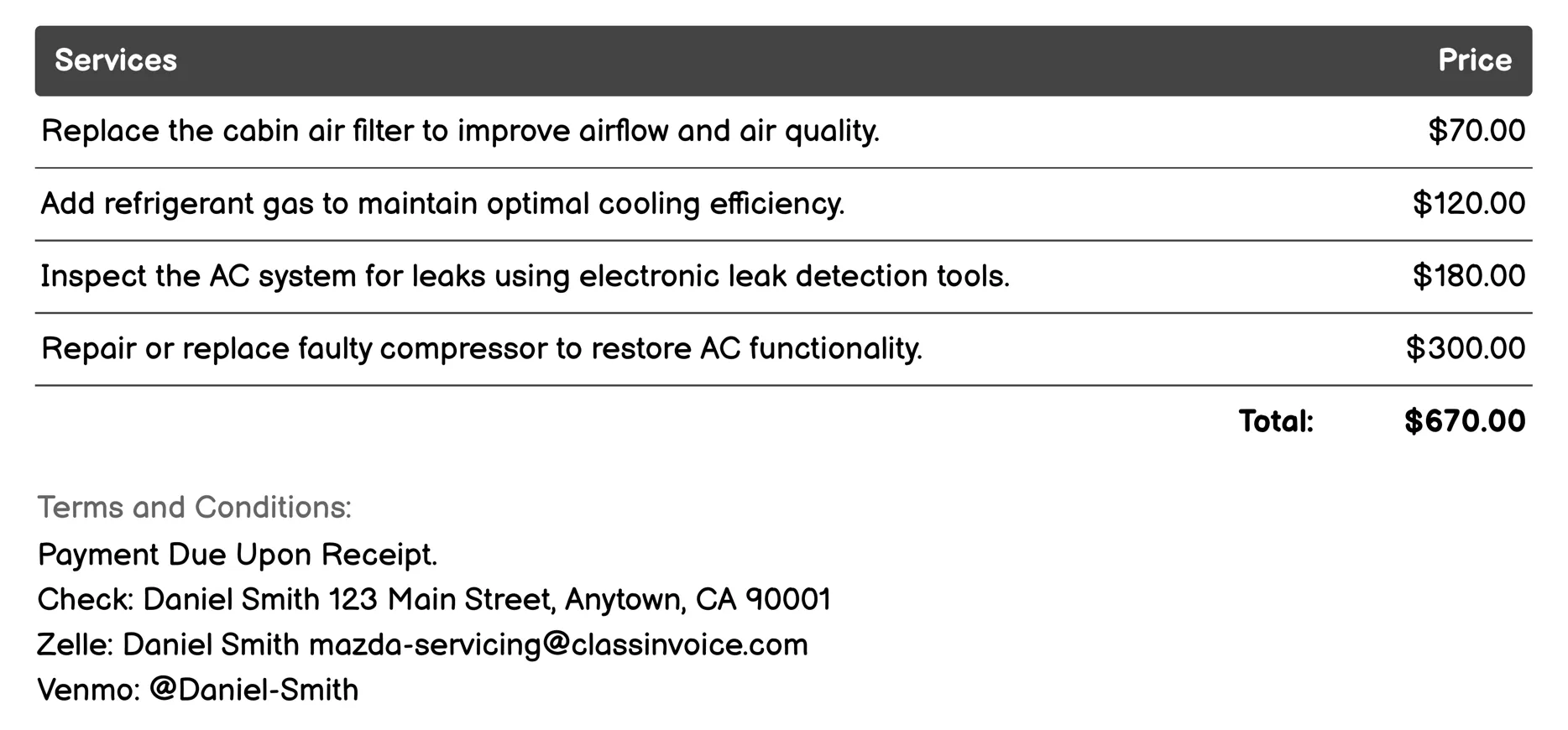 Air Conditioning Service Invoice Example
