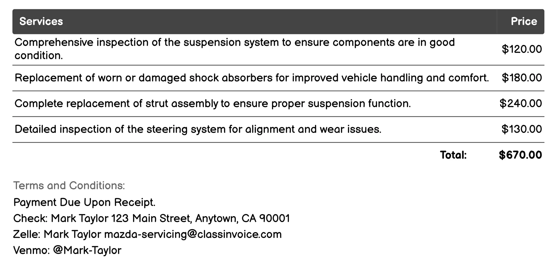 Suspension and Steering Invoice Example