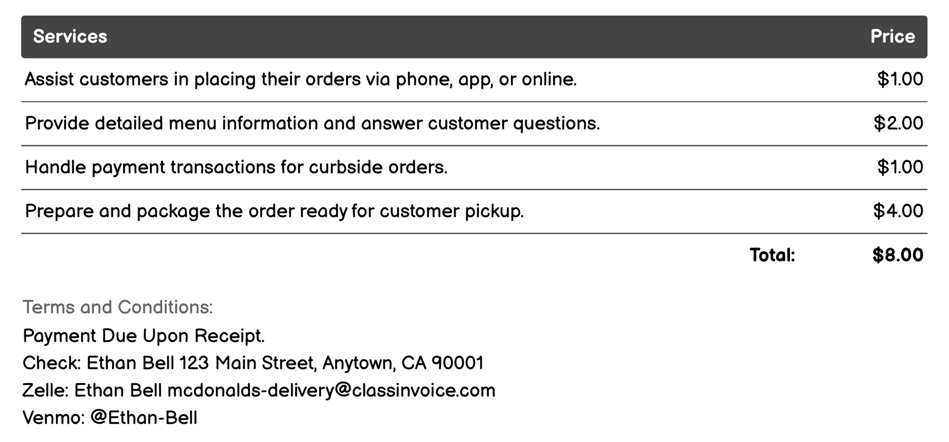 Curbside Pickup Invoice Example