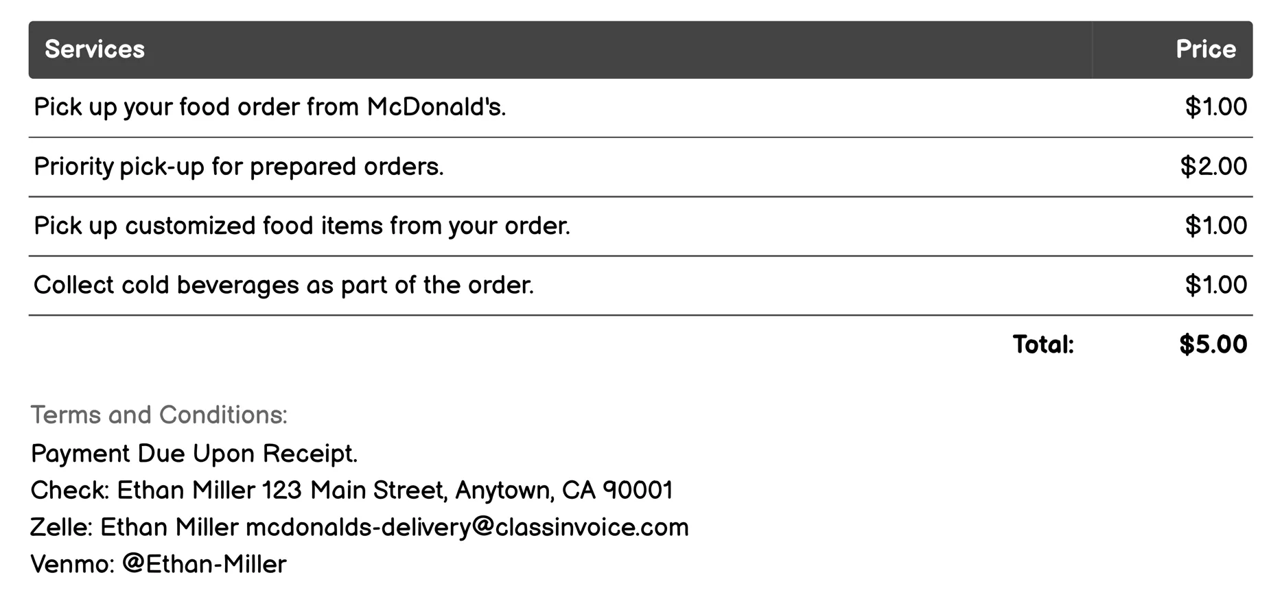 Food Pickup Invoice Example