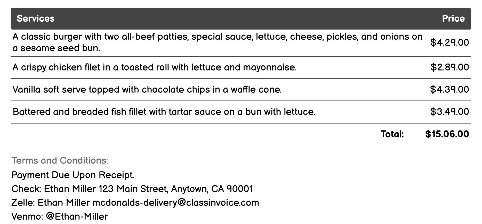 Table Service (Select Locations) Invoice Example