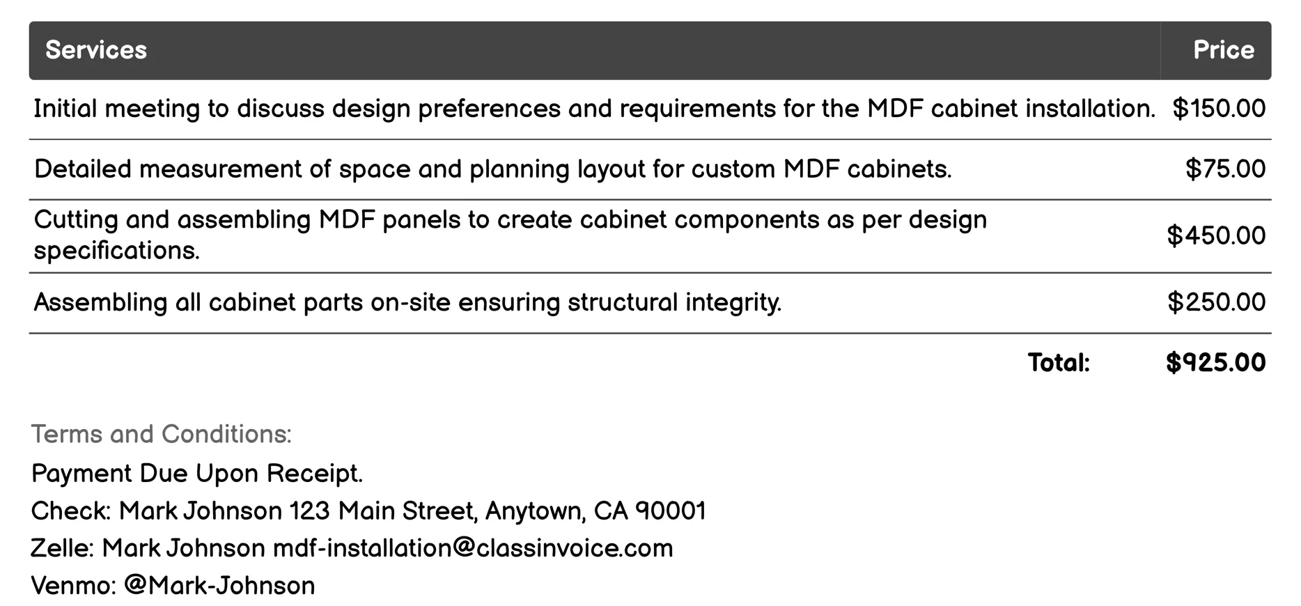 Custom MDF Cabinet Installation Invoice Example