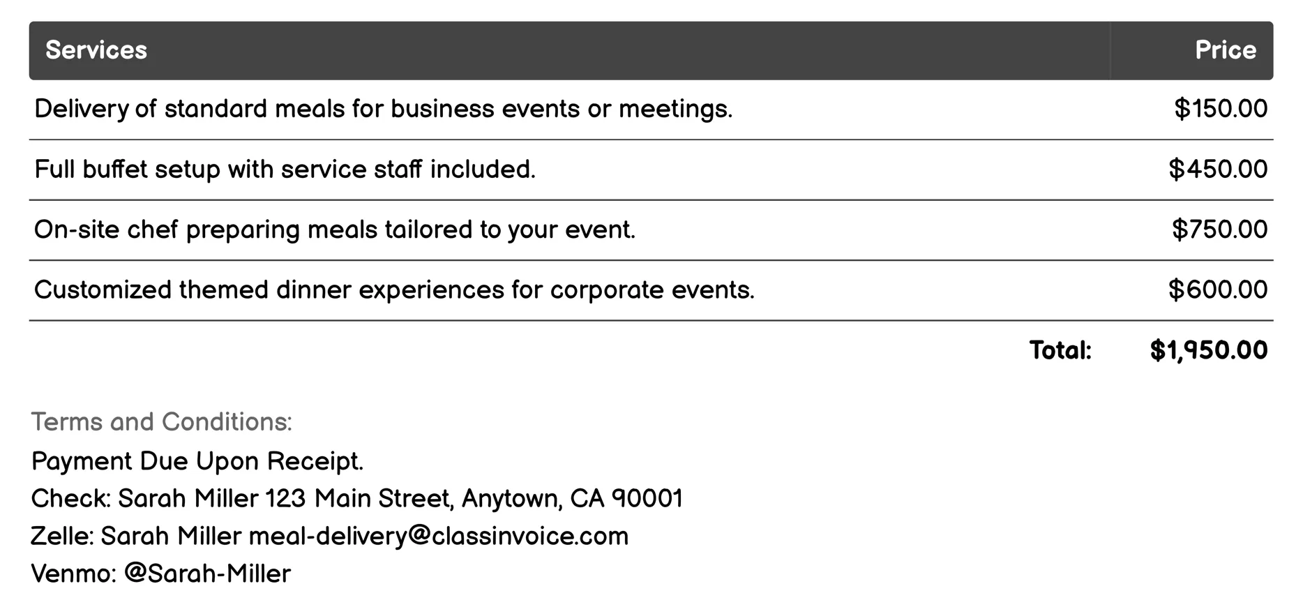 Business Catering Services Invoice Example