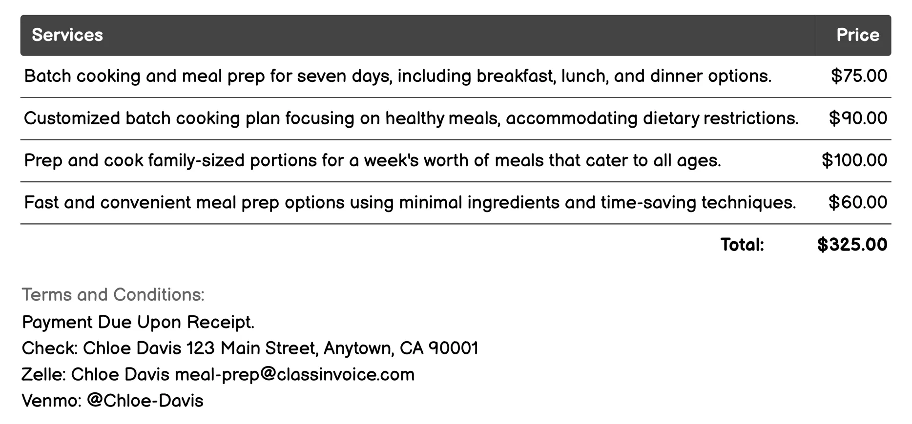 Batch Cooking Invoice Example