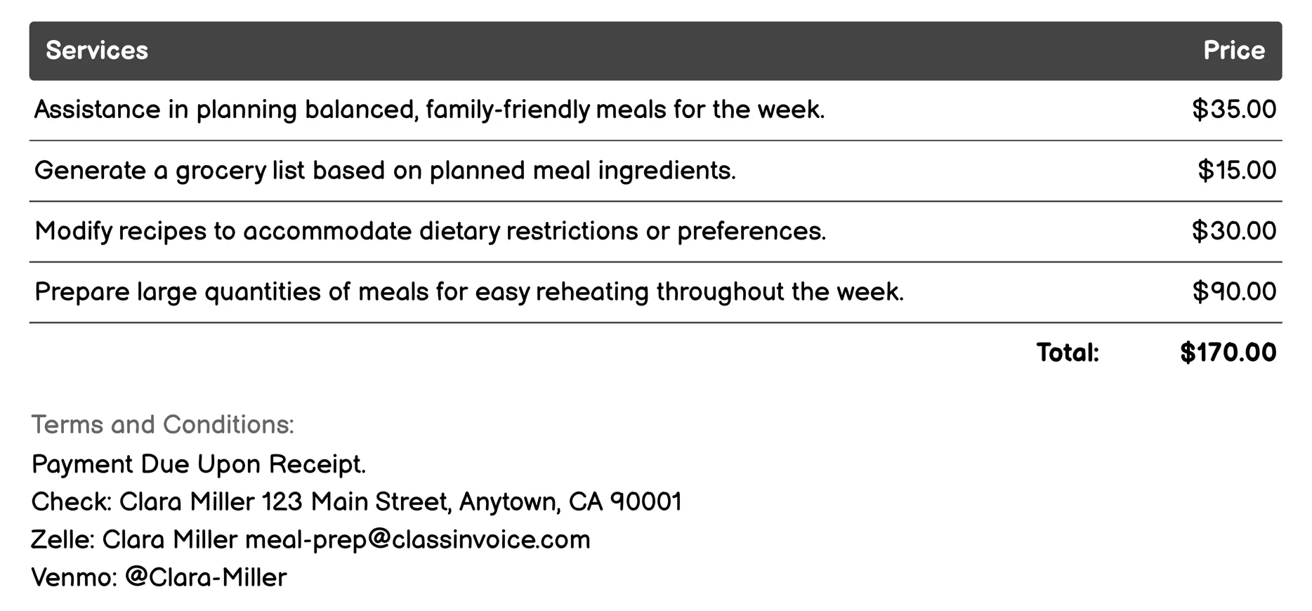 Family Friendly Meal Prep Invoice Example