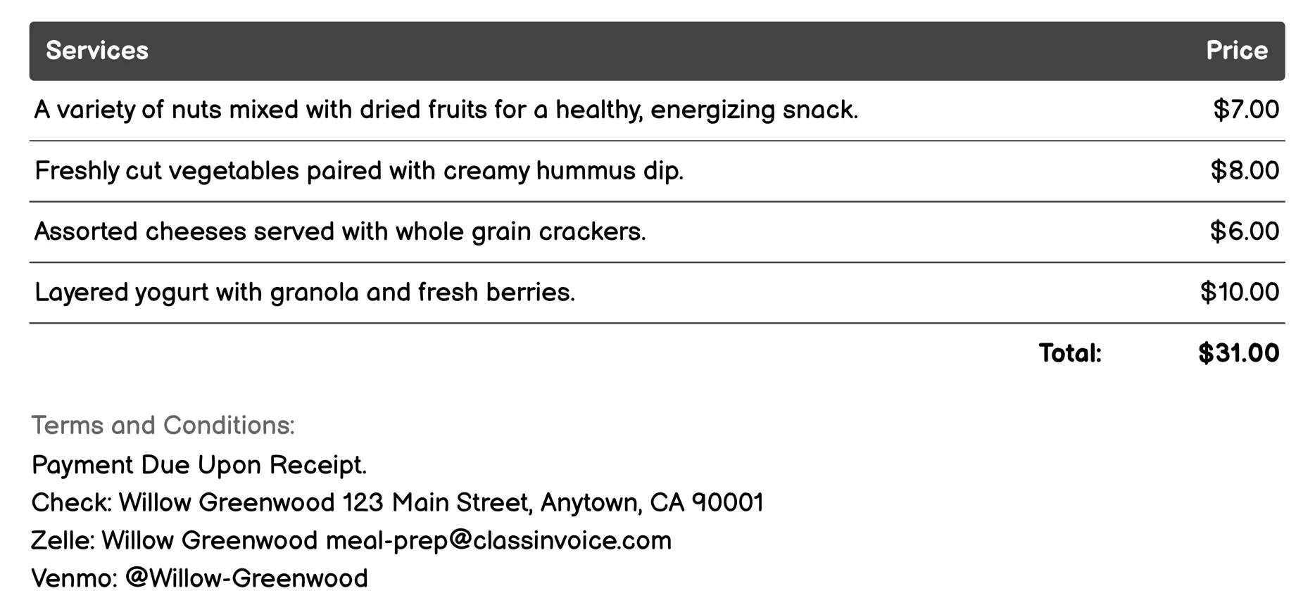 On-the-Go Snack Prep Invoice Example