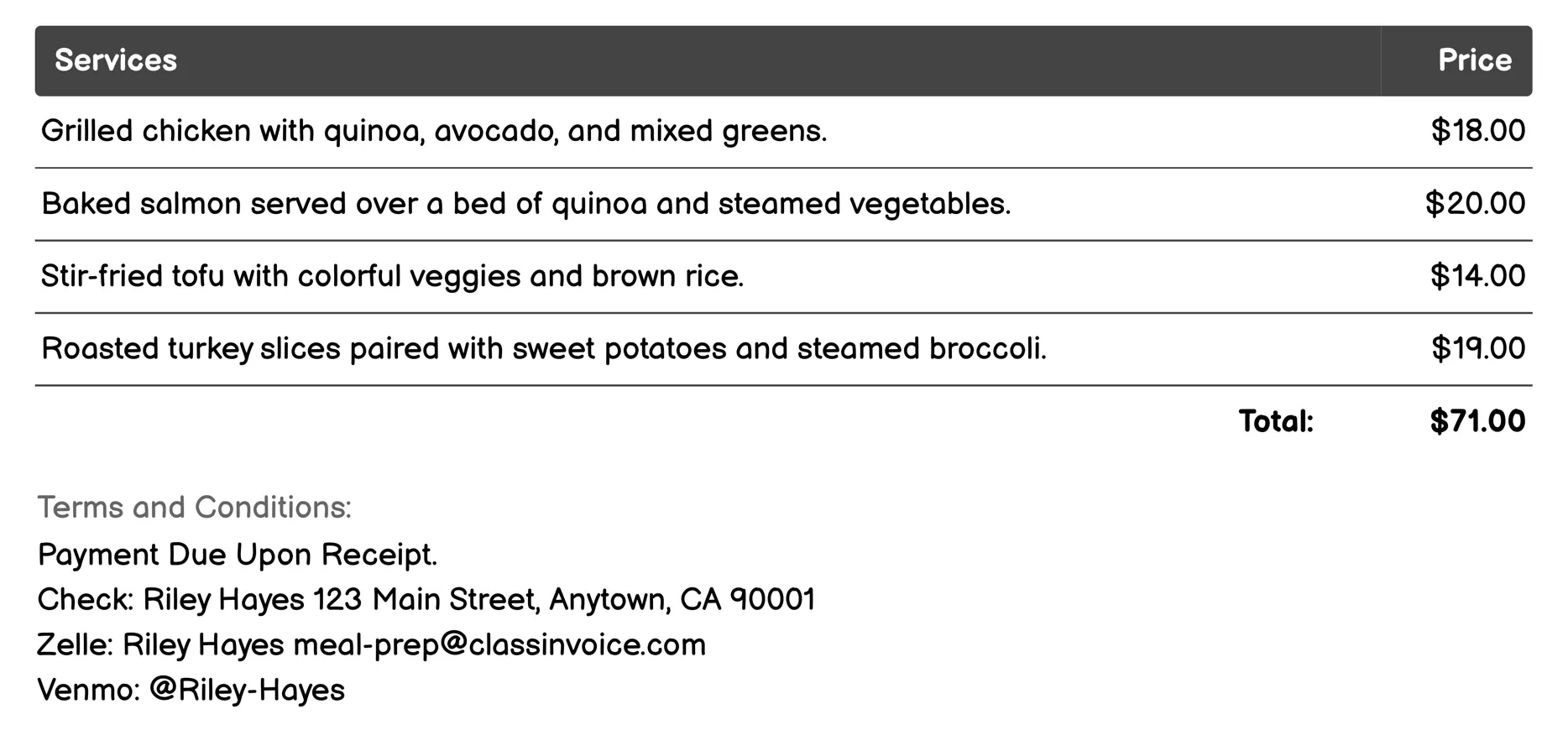 Post-Workout Meals Invoice Example