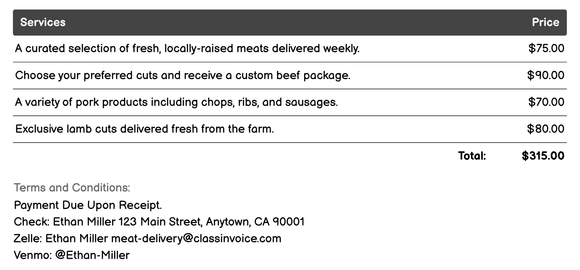 Local Farm Direct Invoice Example