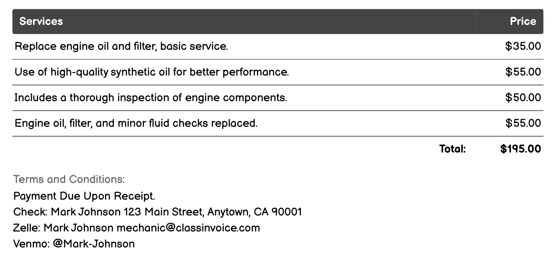 Oil Change Invoice Example
