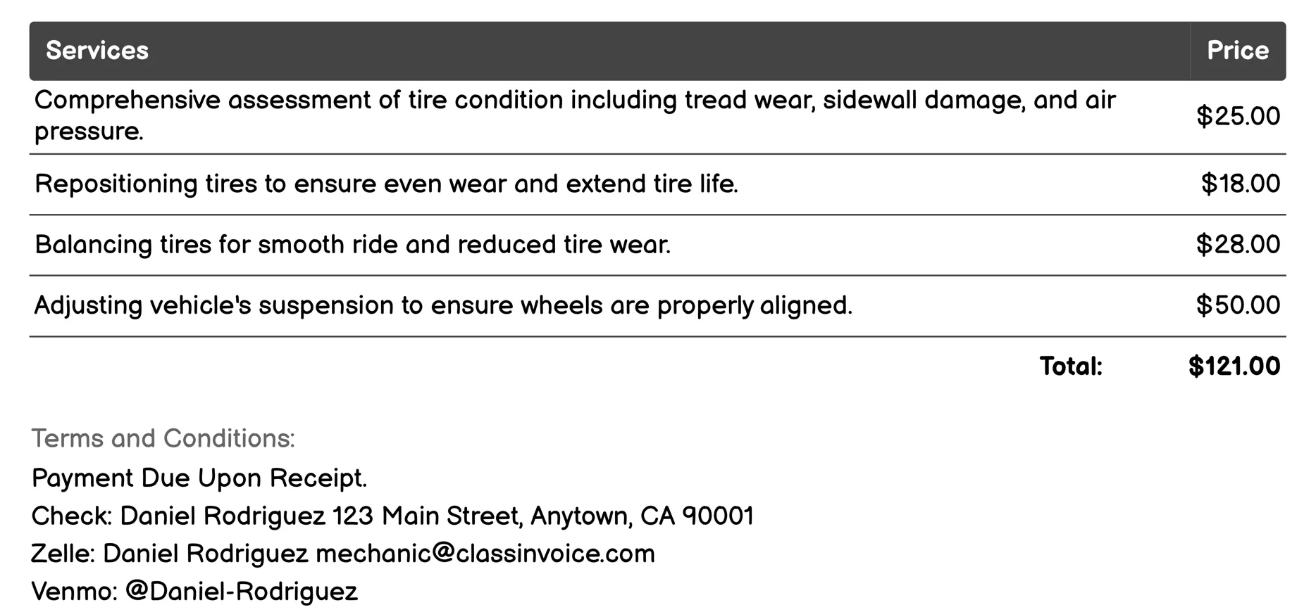 Tire Repair and Replacement Invoice Example