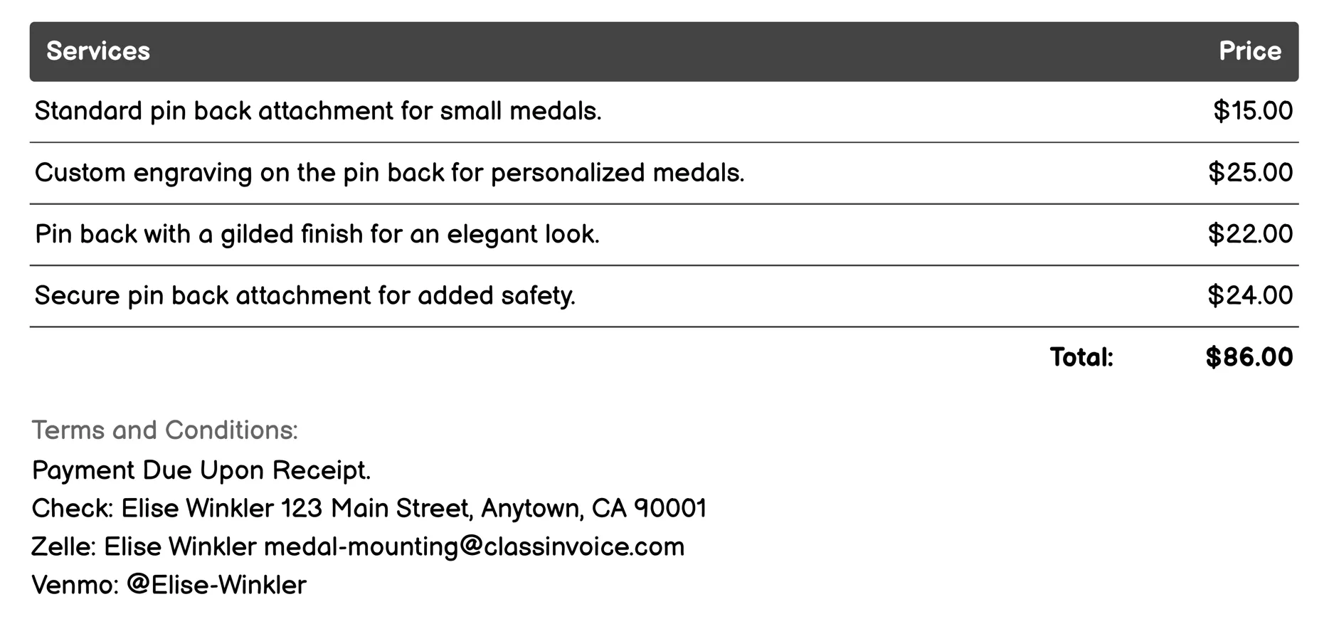 Pin Back Attachment Invoice Example