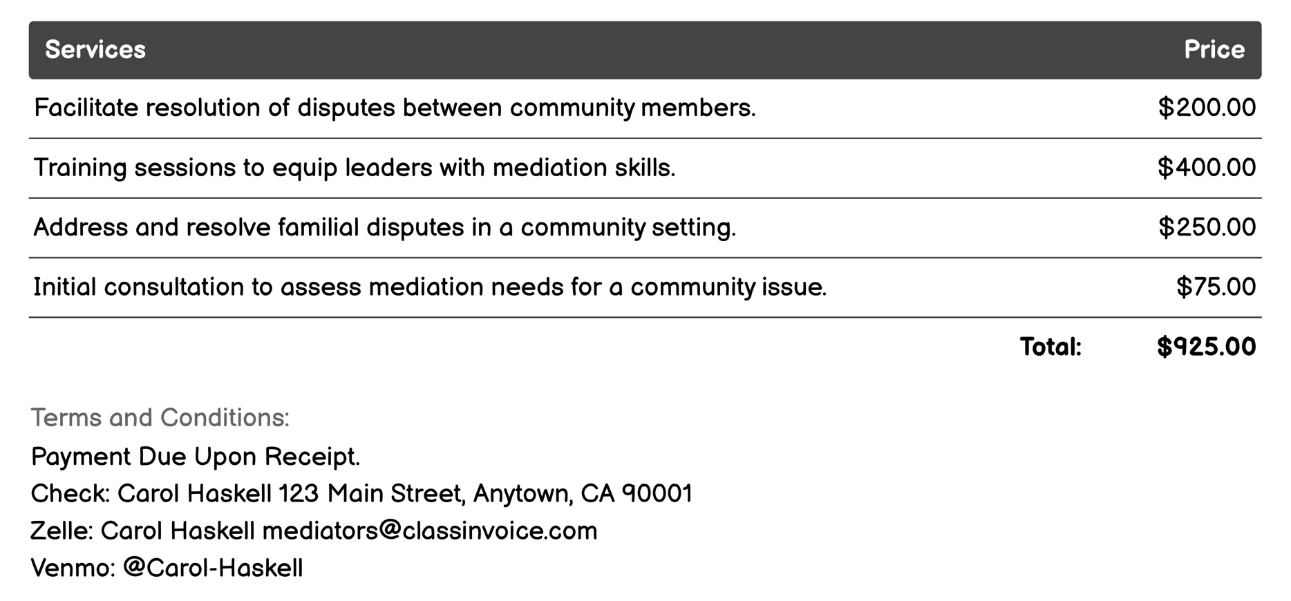 Community Mediation Invoice Example