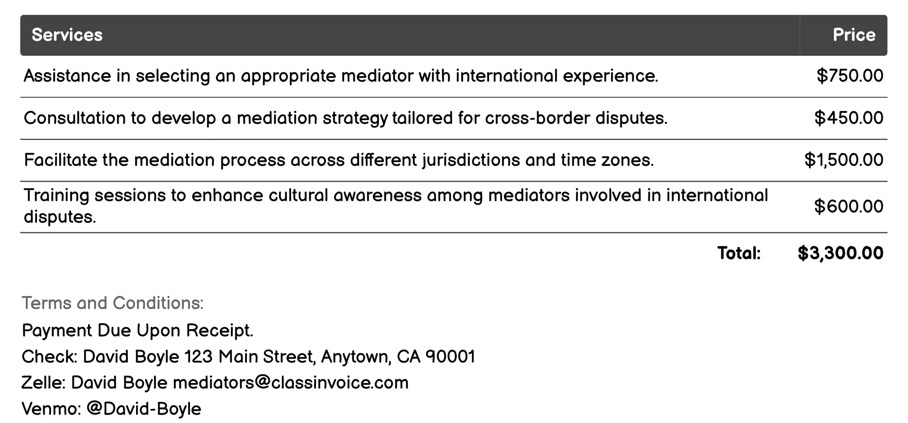 International/Cross-Border Mediation Invoice Example