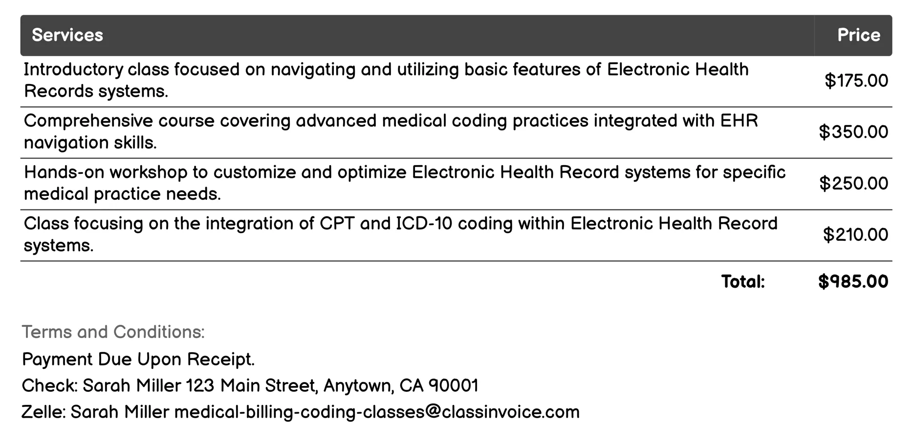Electronic Health Record (EHR) Navigation Invoice Example