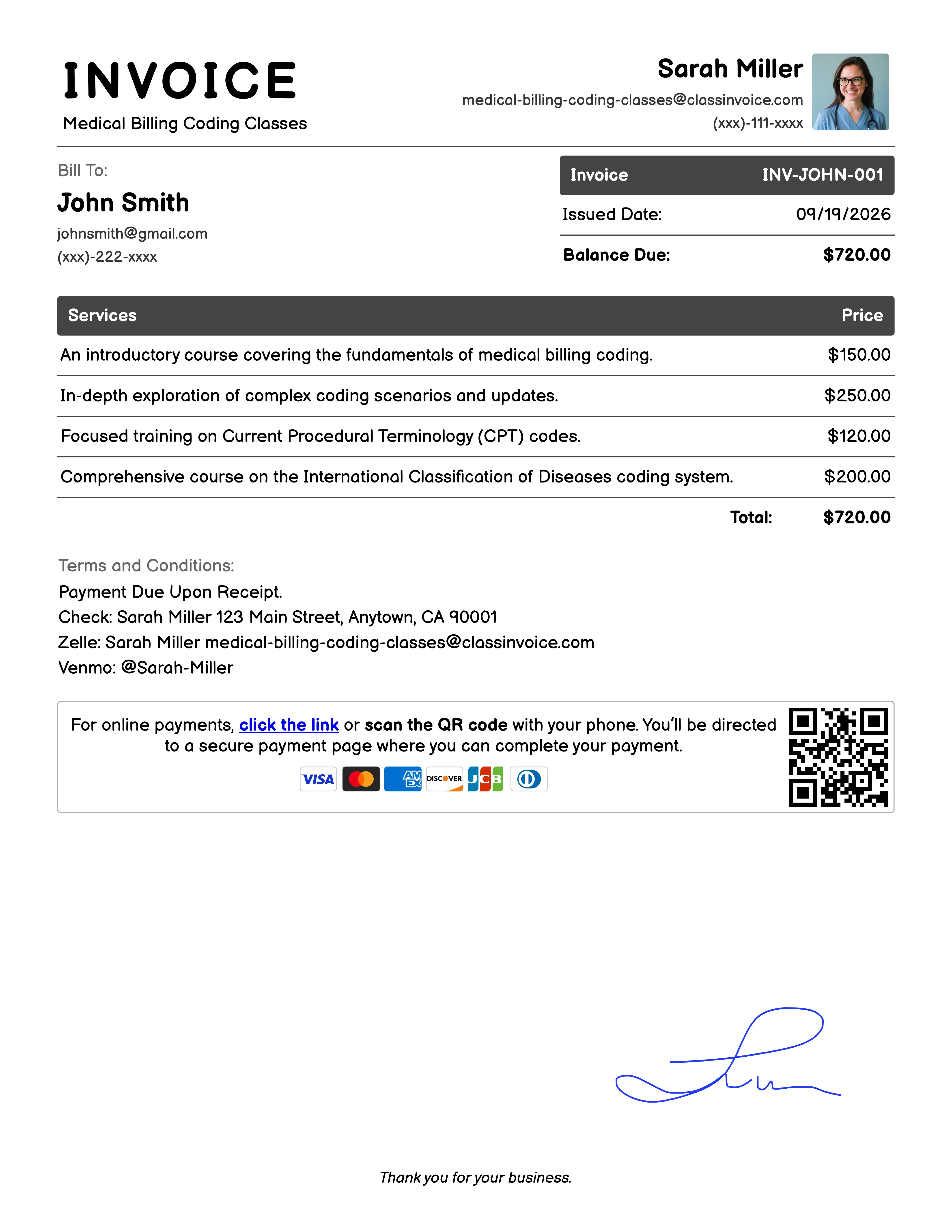 Medical Billing Coding Classes Invoice Example