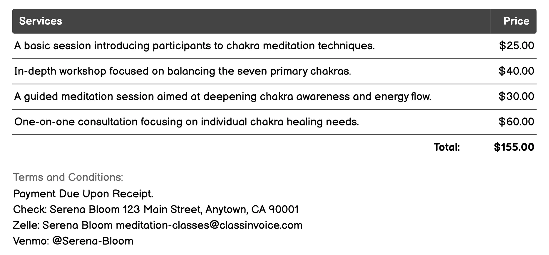 Chakra Meditation Invoice Example