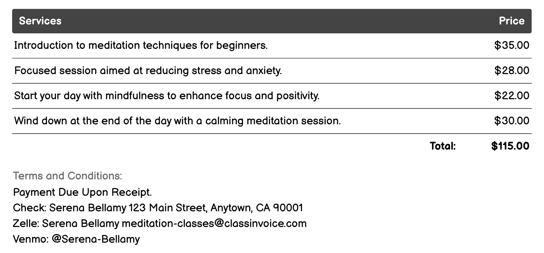 Guided Meditation Invoice Example