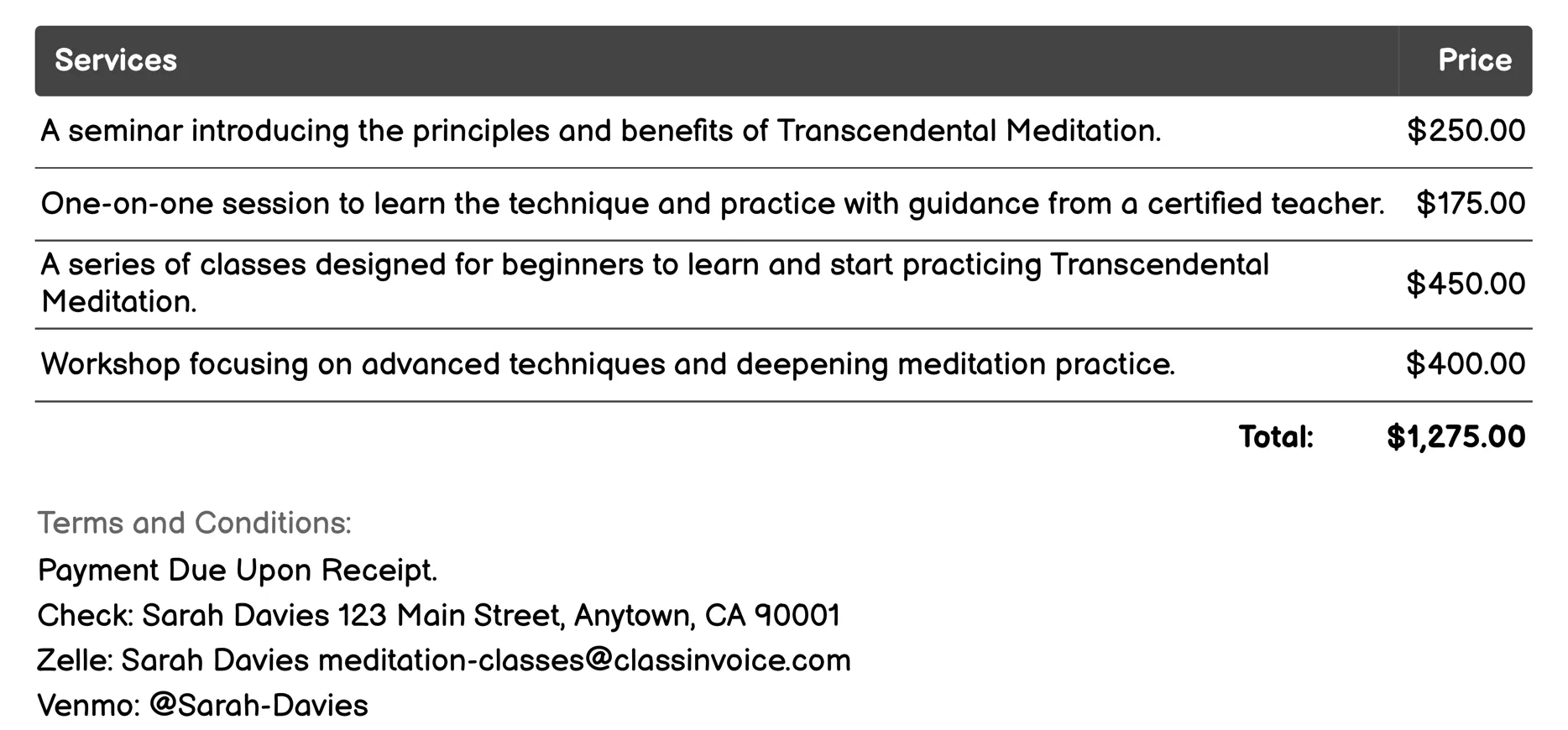 Transcendental Meditation Invoice Example