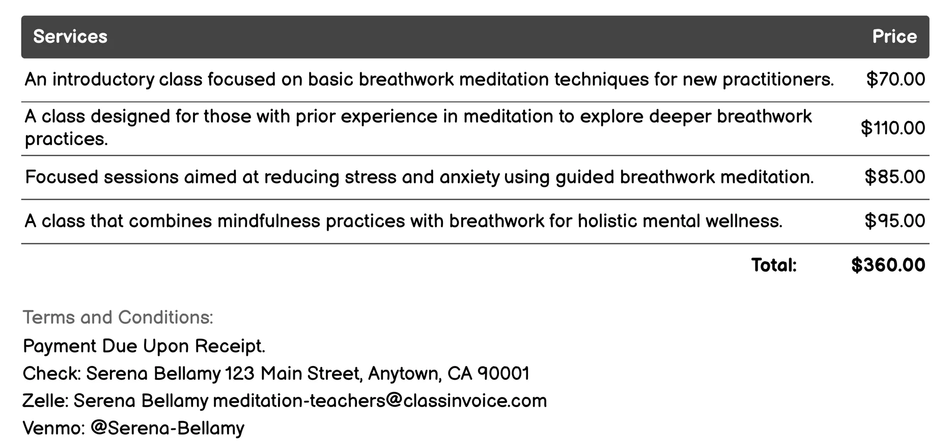Breathwork Meditation Classes Invoice Example