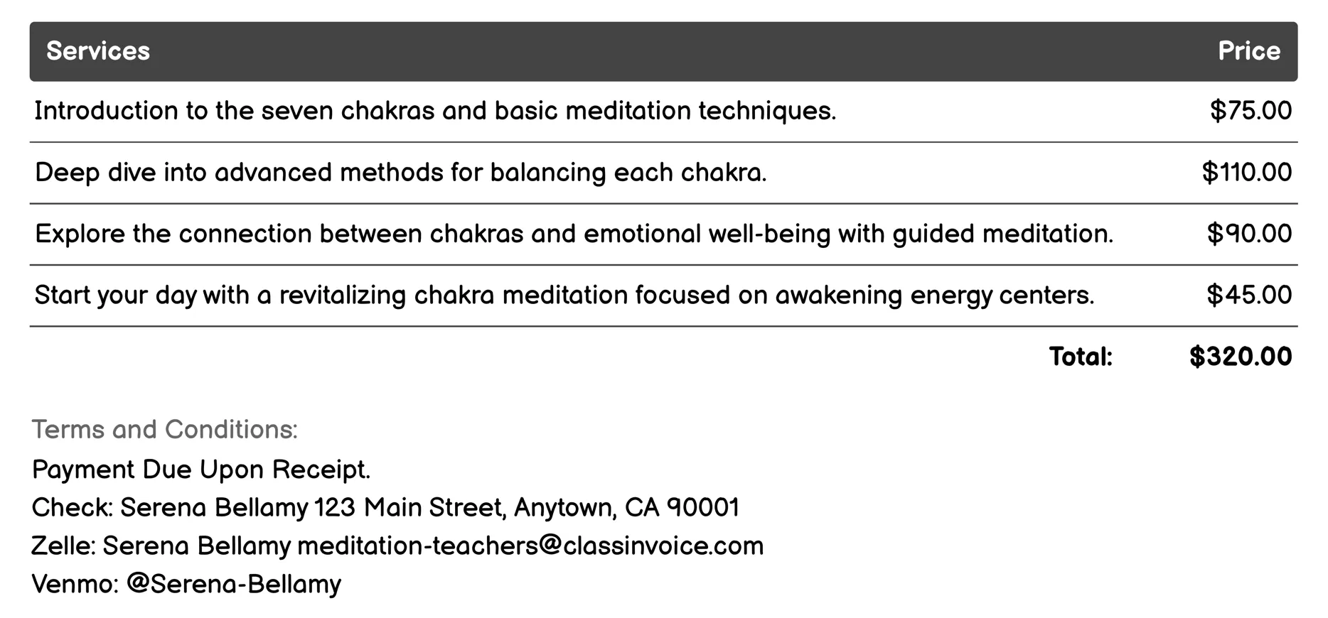 Chakra Meditation Workshops Invoice Example