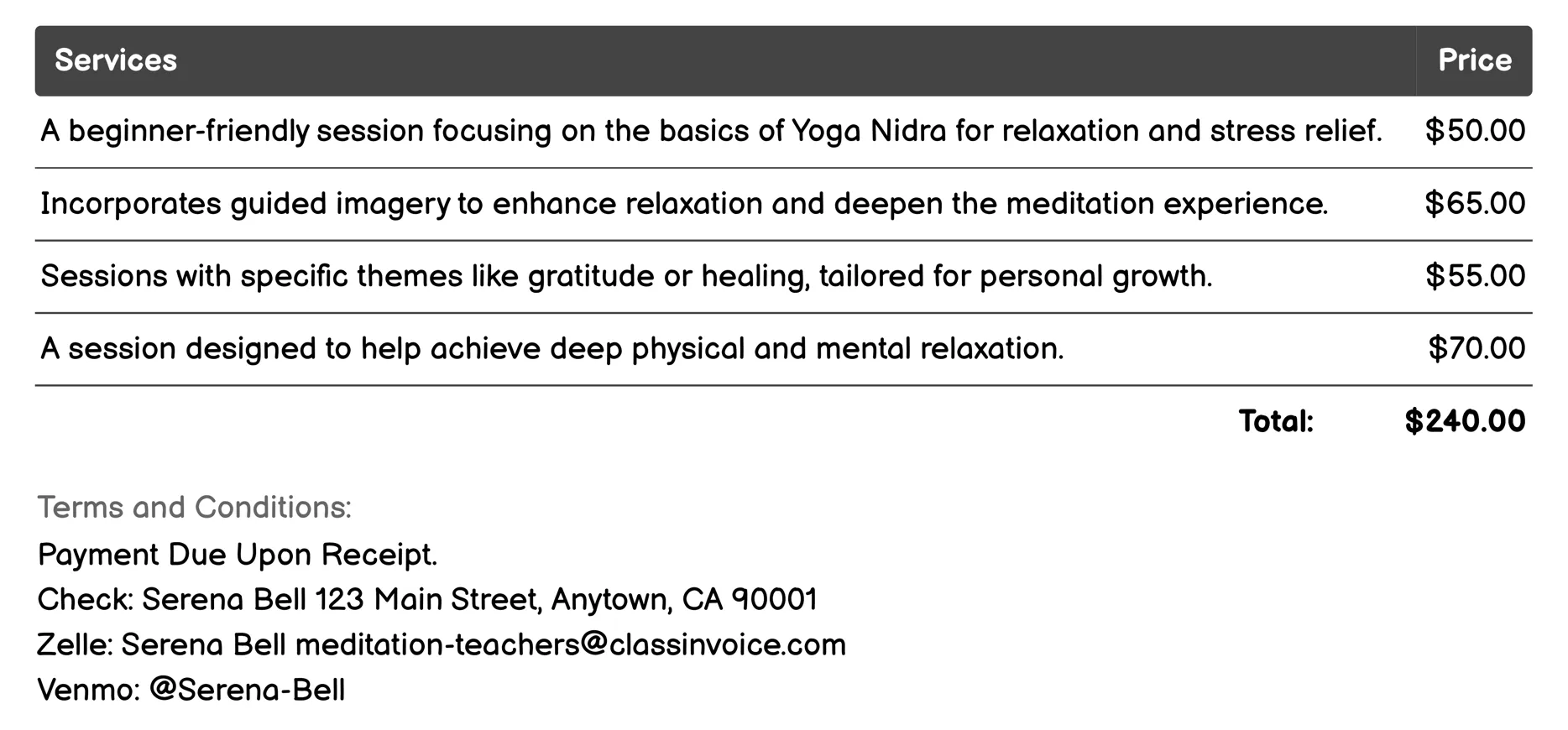 Yoga Nidra Sessions Invoice Example