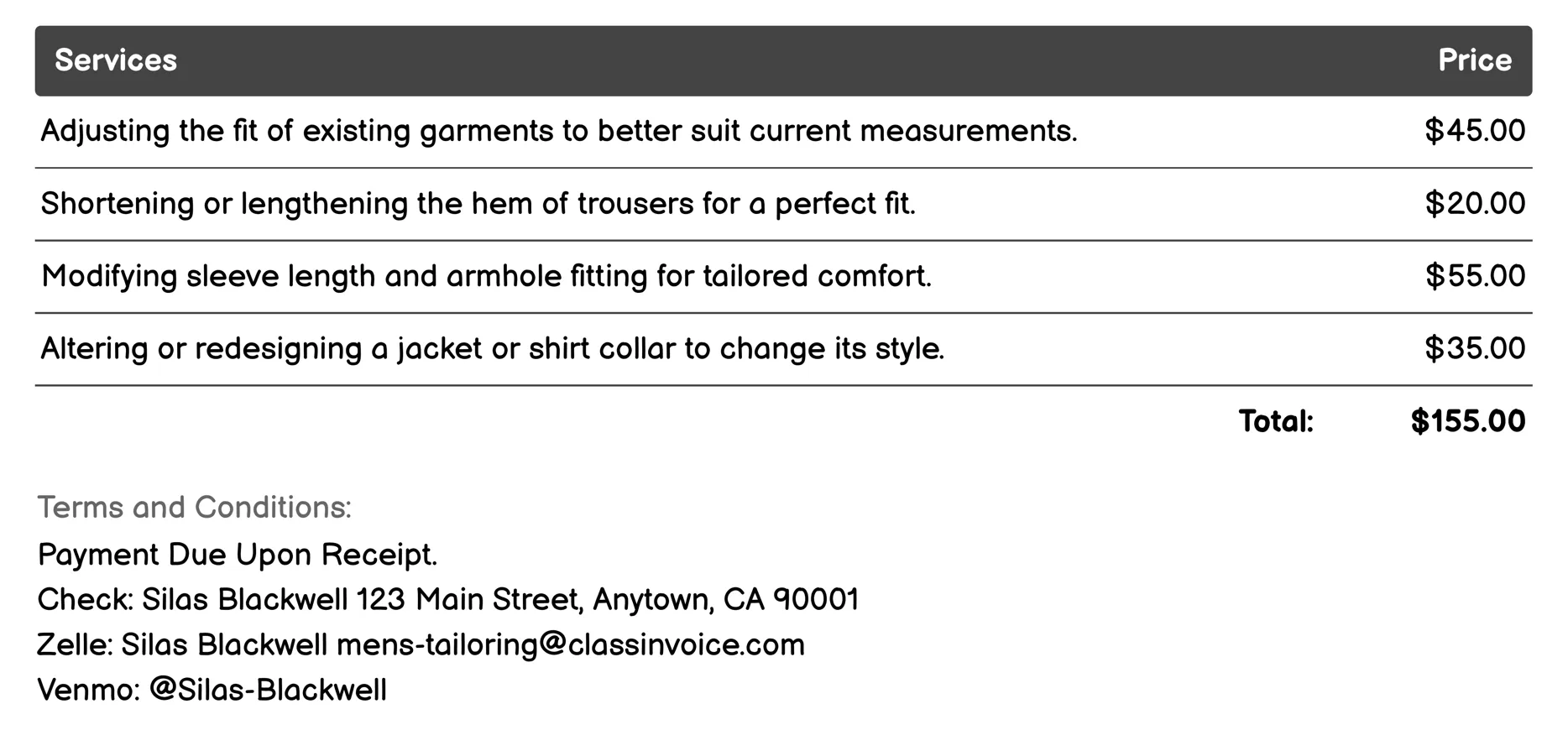 Stitching and Mending Invoice Example