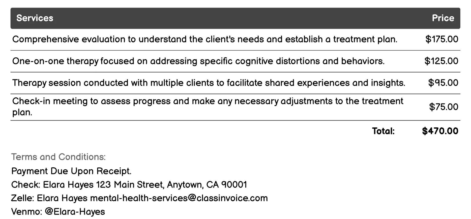Cognitive Behavioral Therapy (CBT) Invoice Example