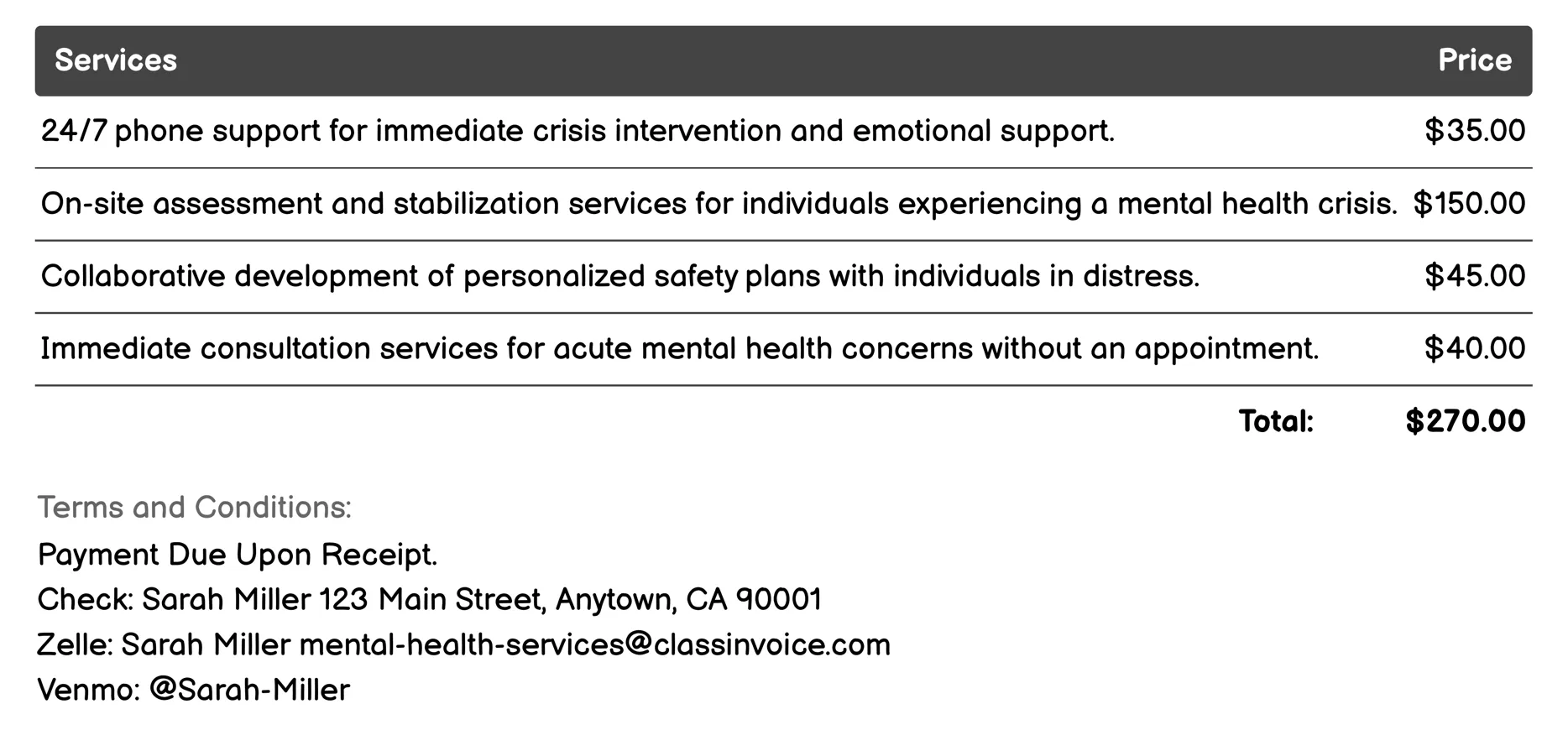 Crisis Intervention Invoice Example