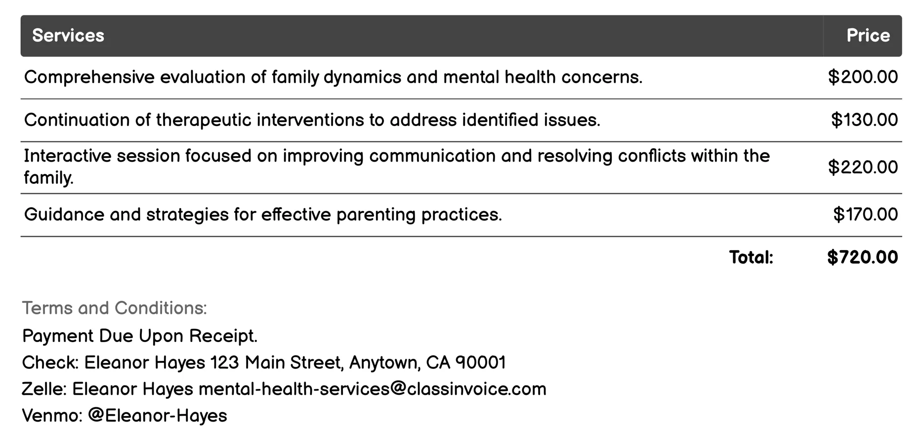 Family Therapy Invoice Example