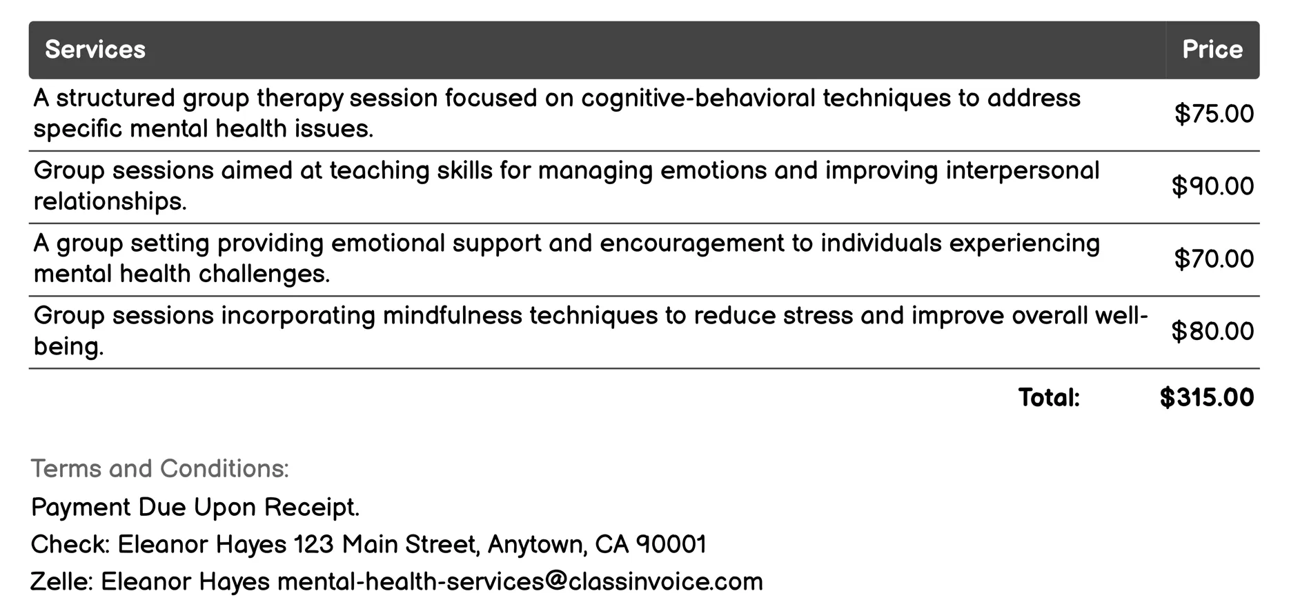 Group Therapy Invoice Example