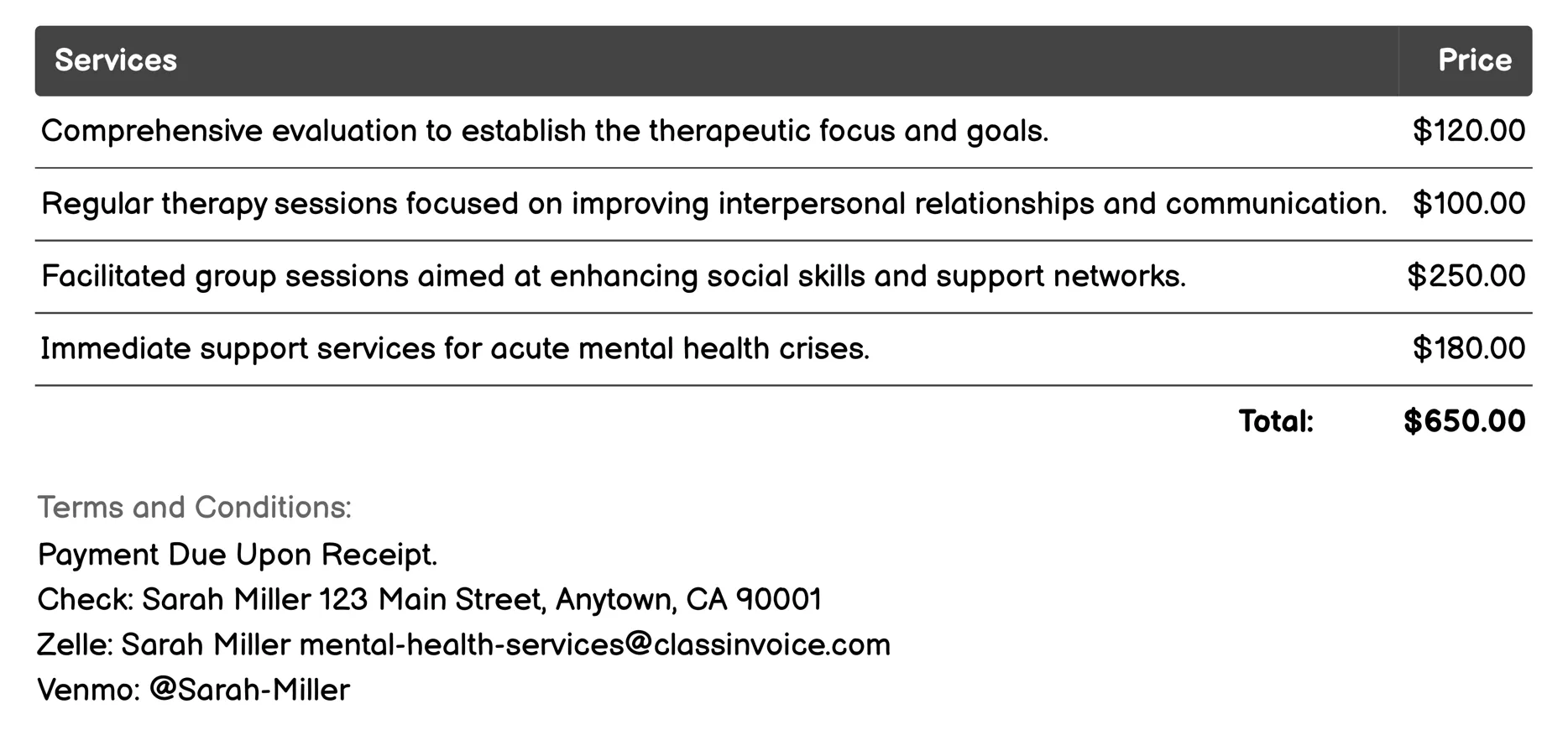 Interpersonal Therapy (IPT) Invoice Example