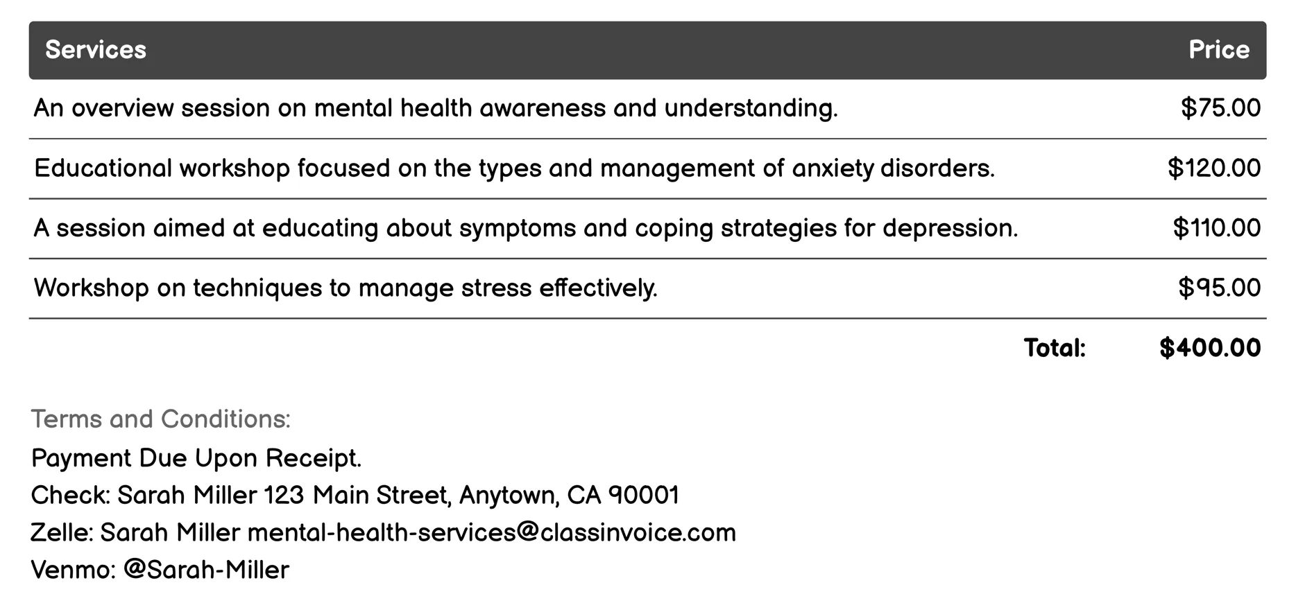 Psychoeducation Invoice Example