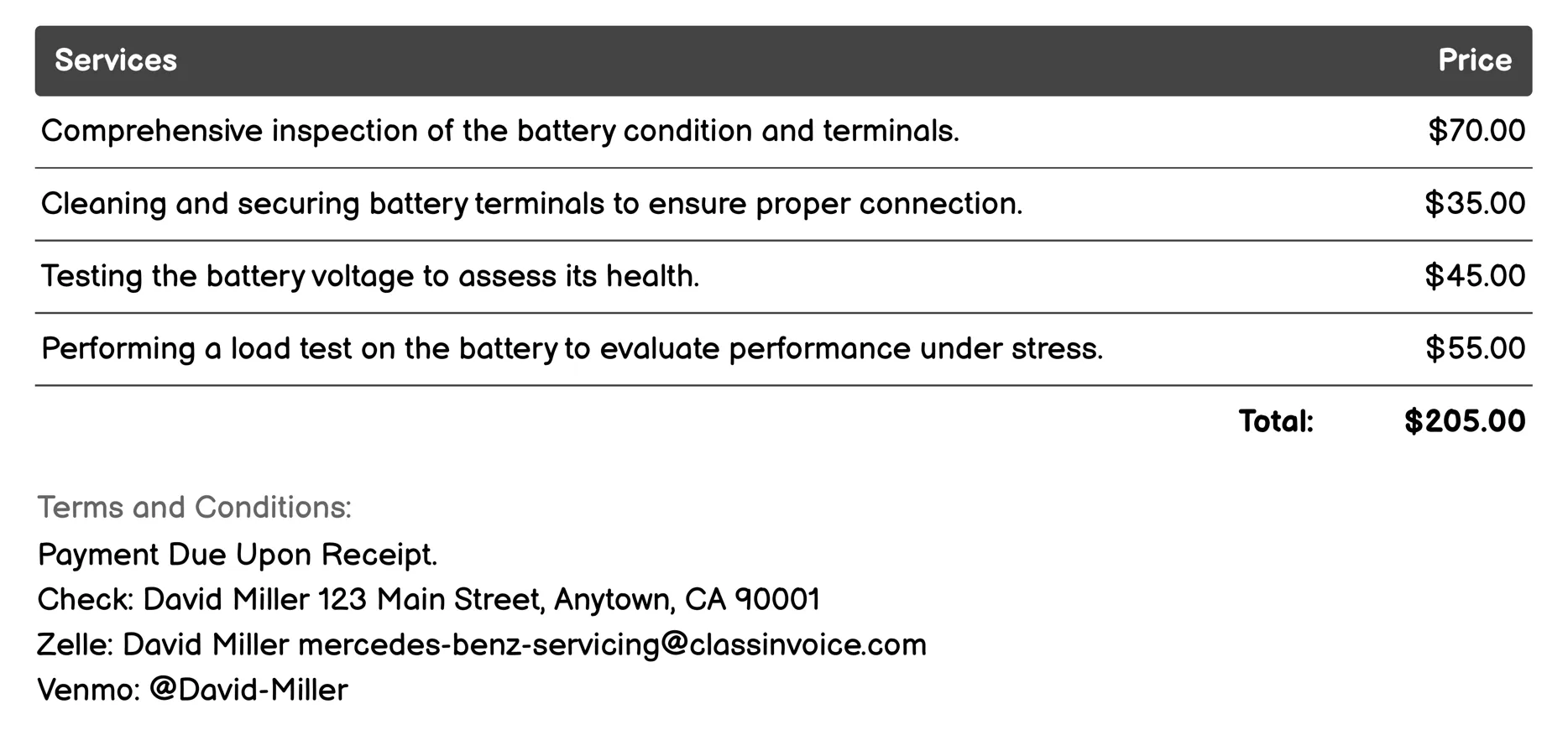 Battery Check/Replacement Invoice Example