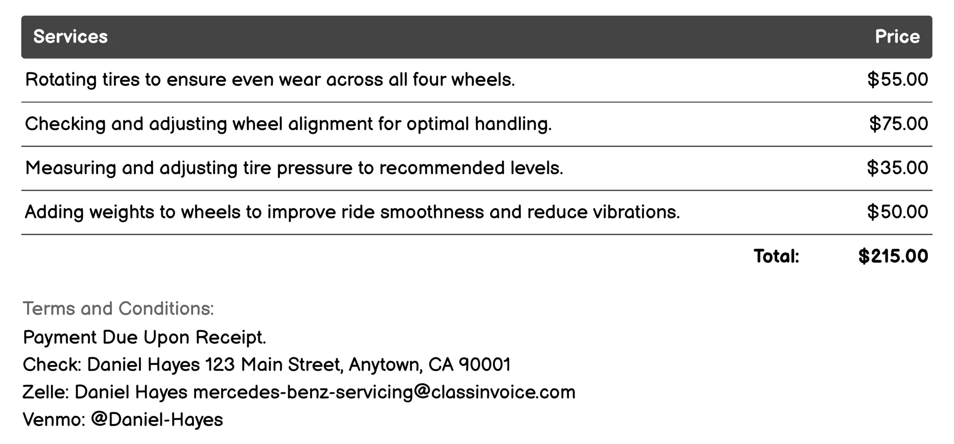Tire Service Invoice Example