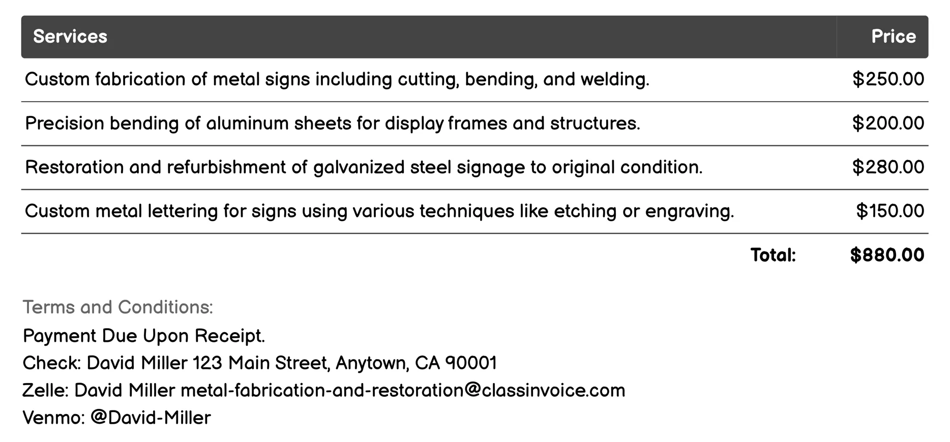 Signage and Display Manufacturing Invoice Example