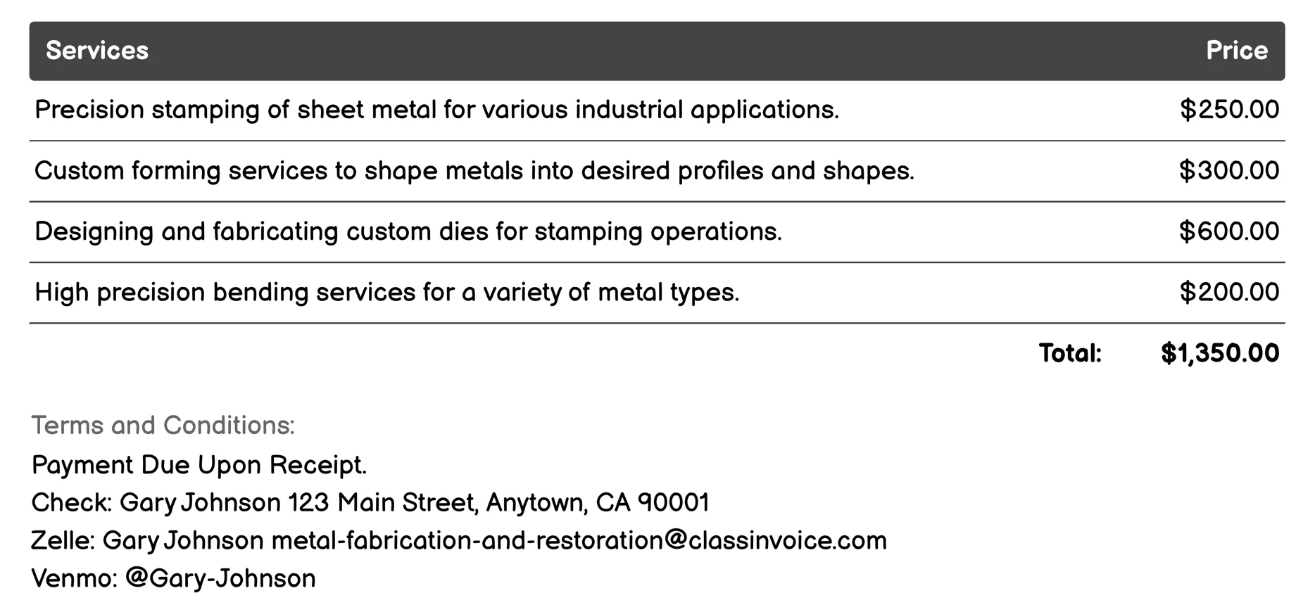 Stamping and Forming Services Invoice Example