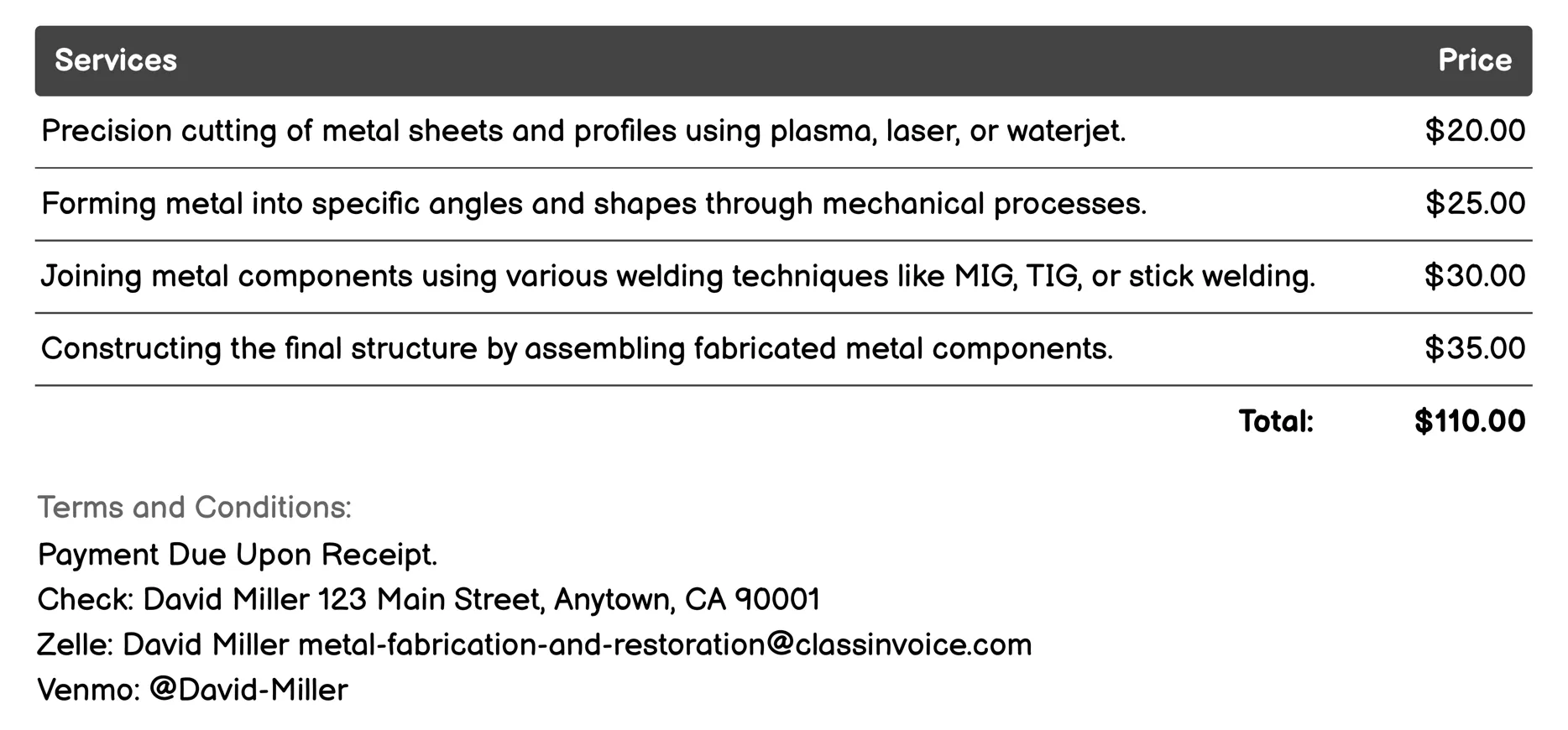 Structural Metal Fabrication Invoice Example