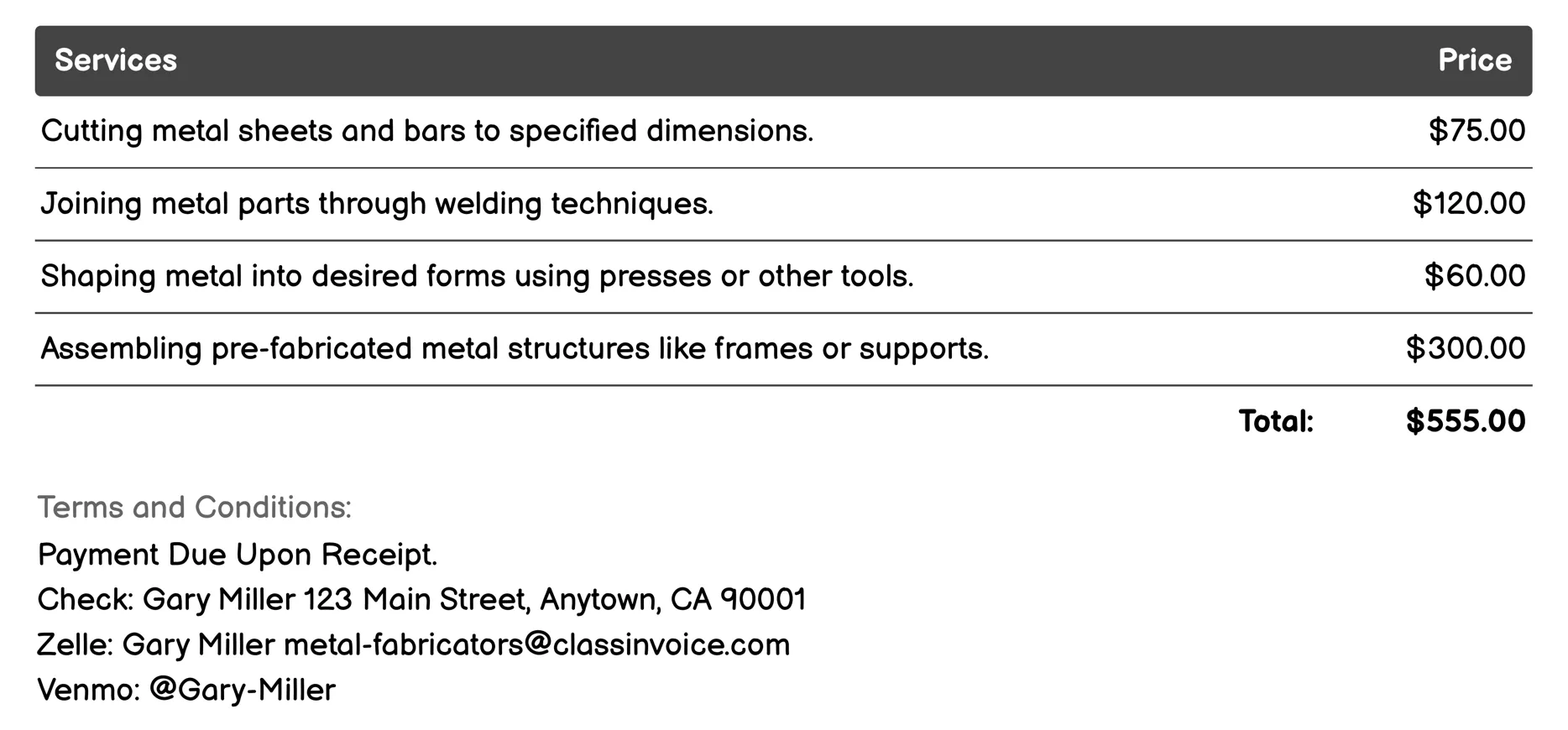 Assembly Services Invoice Example