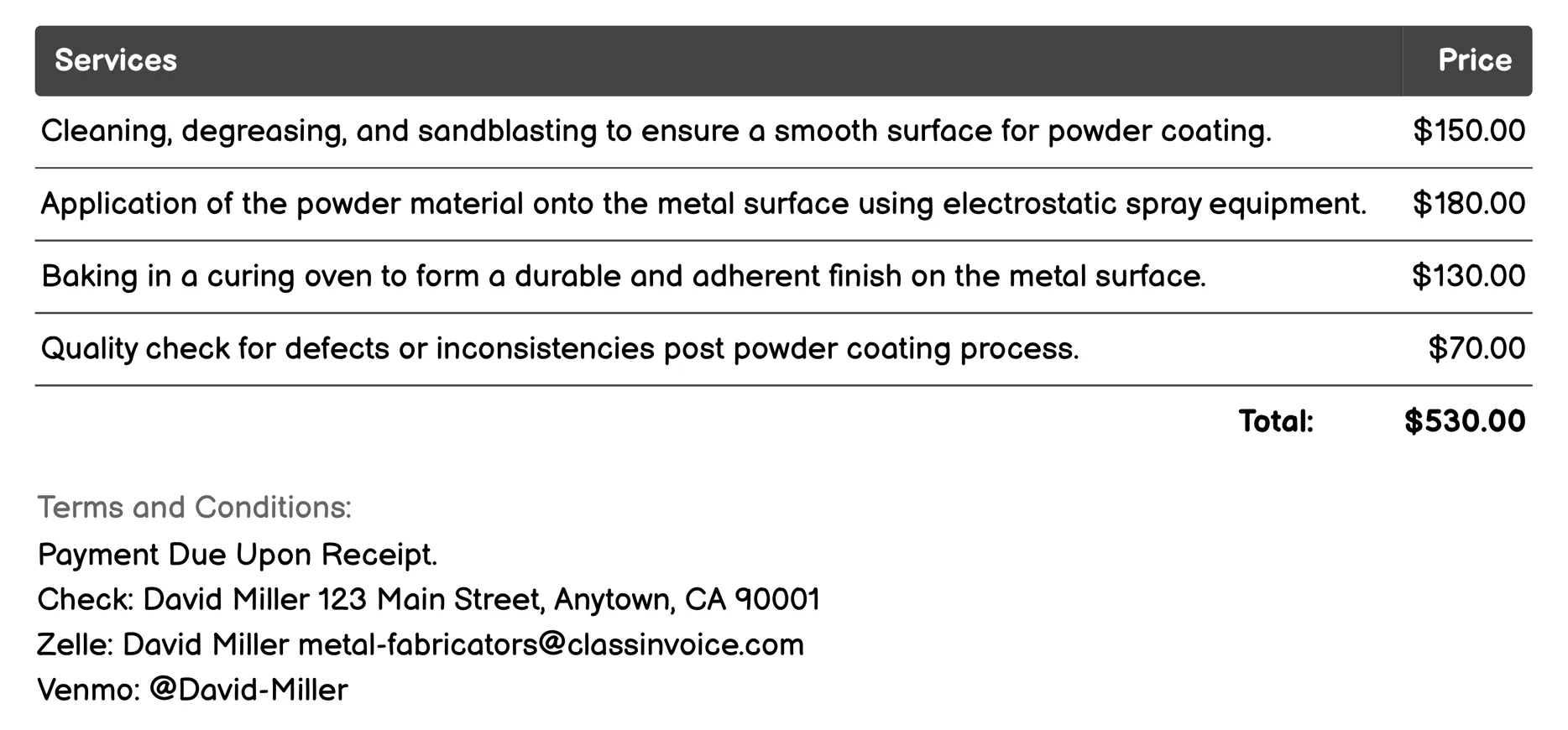 Powder Coating Invoice Example