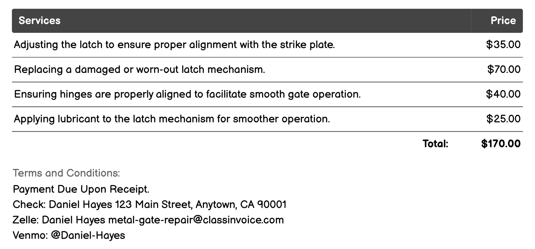 Latch Repair Invoice Example