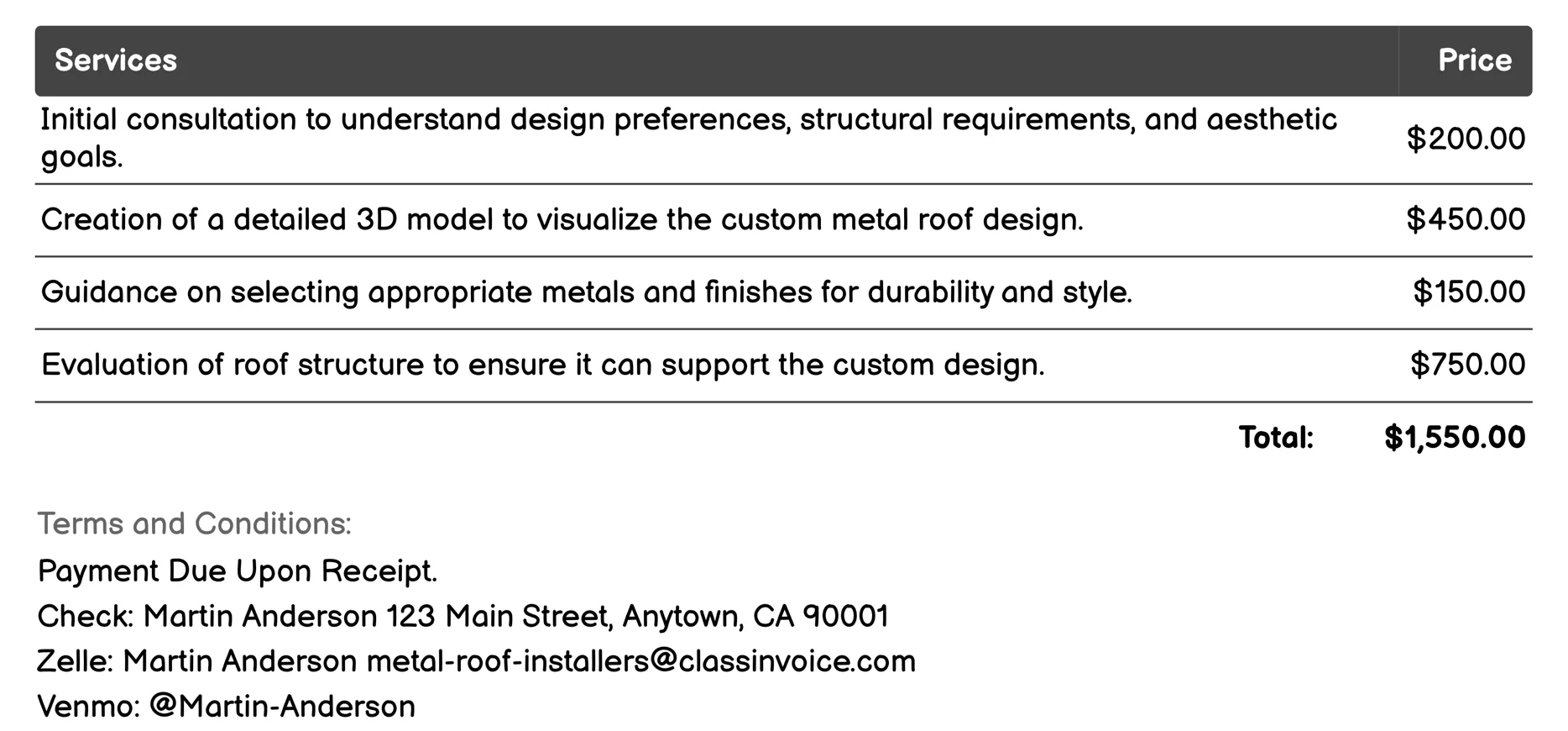 Custom Metal Roof Design Invoice Example