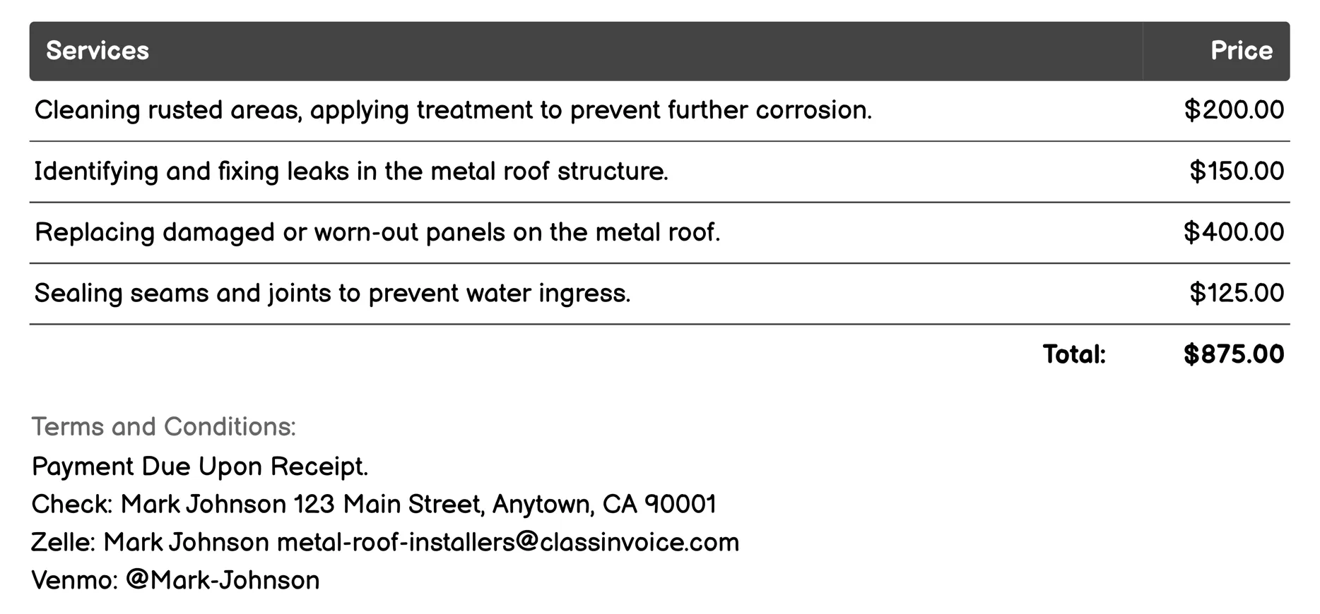 Metal Roof Repair Services Invoice Example