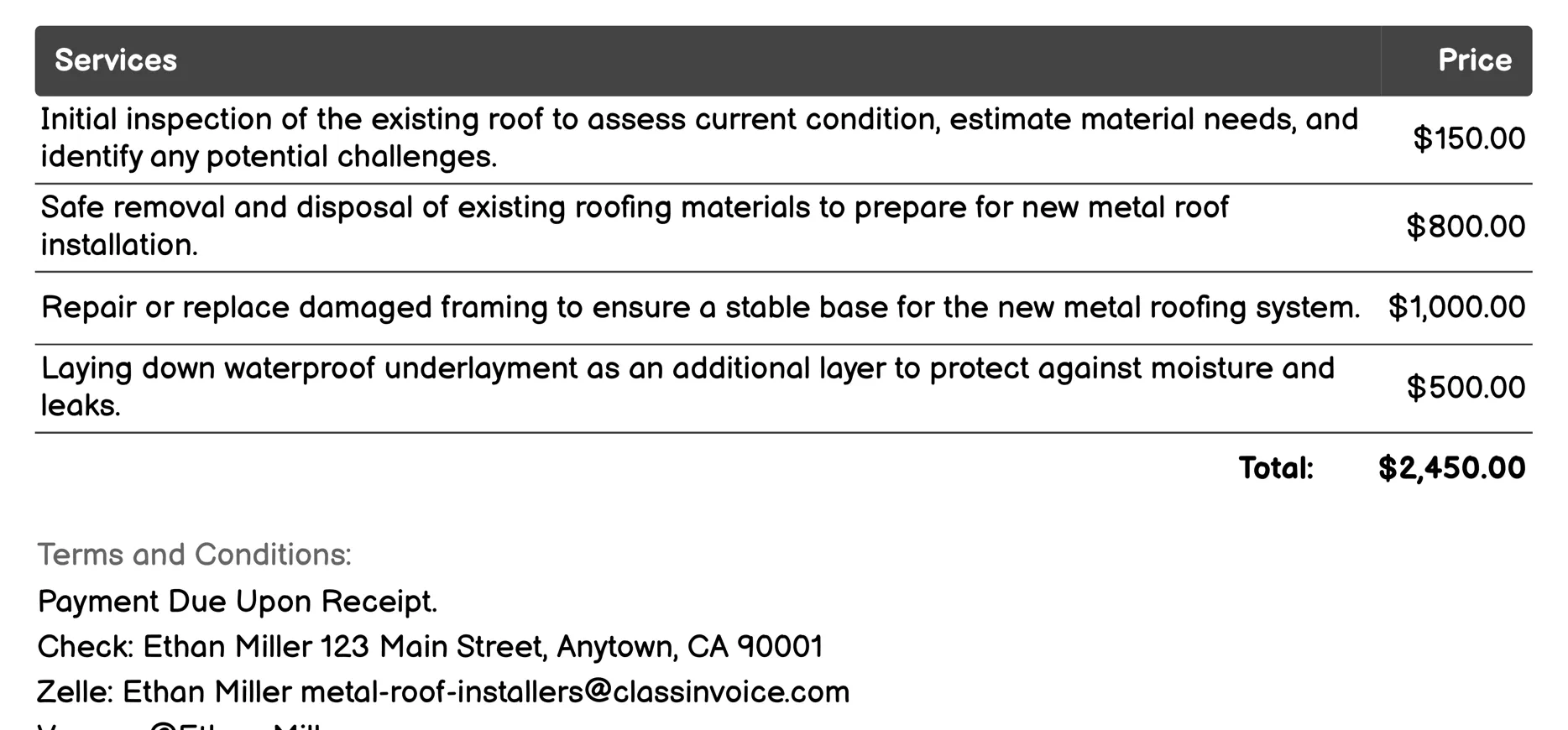 Residential Metal Roof Installation Invoice Example
